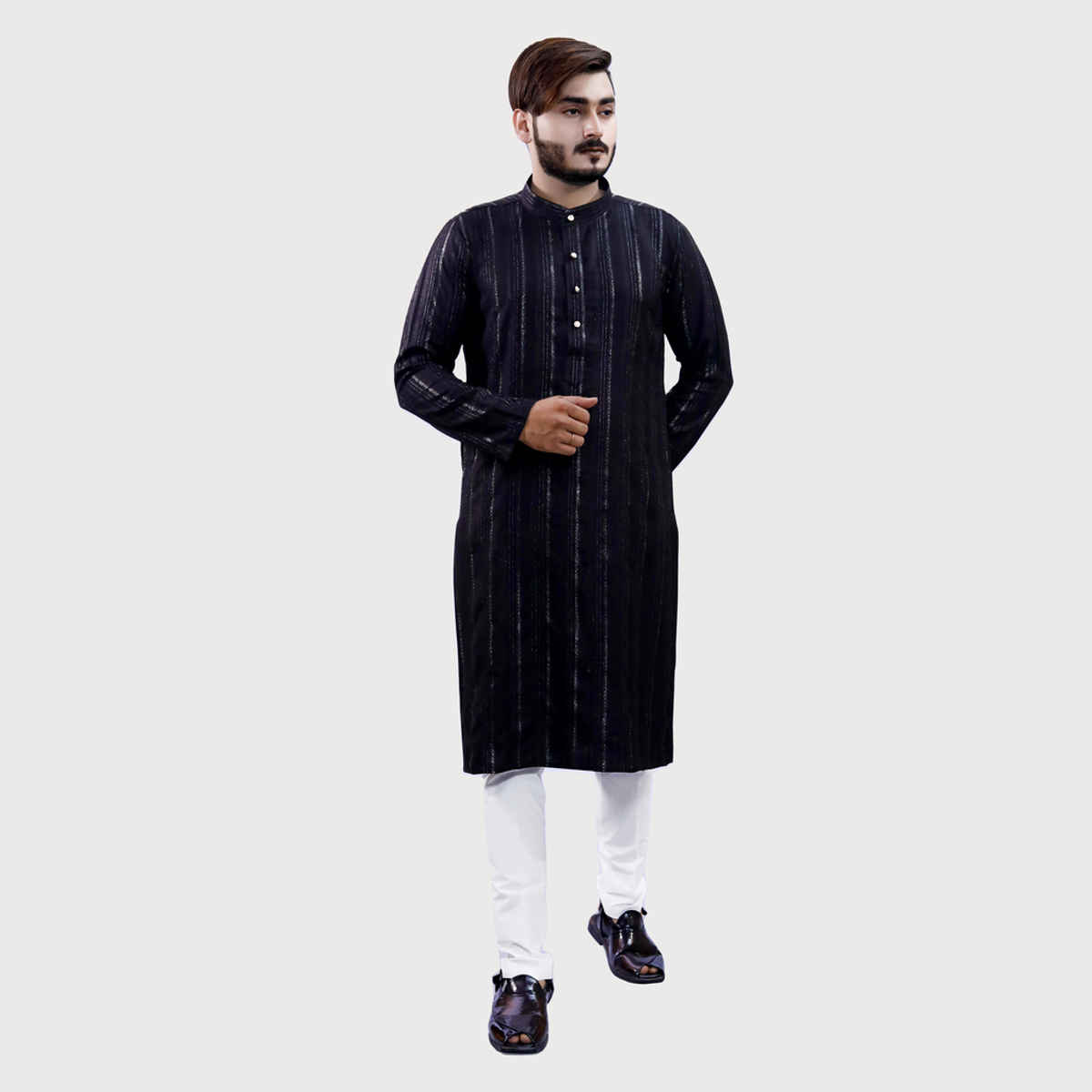 Tibra Collection Men Kurta - Black | Solid | Thin Striped | Cotton Blend | XL