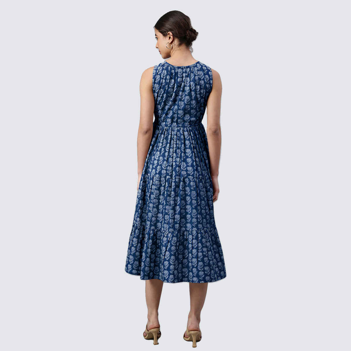 Janasya Women's Pure Cotton Floral Printed Tiered Dress | JAC24DR01521 | Indigo - M