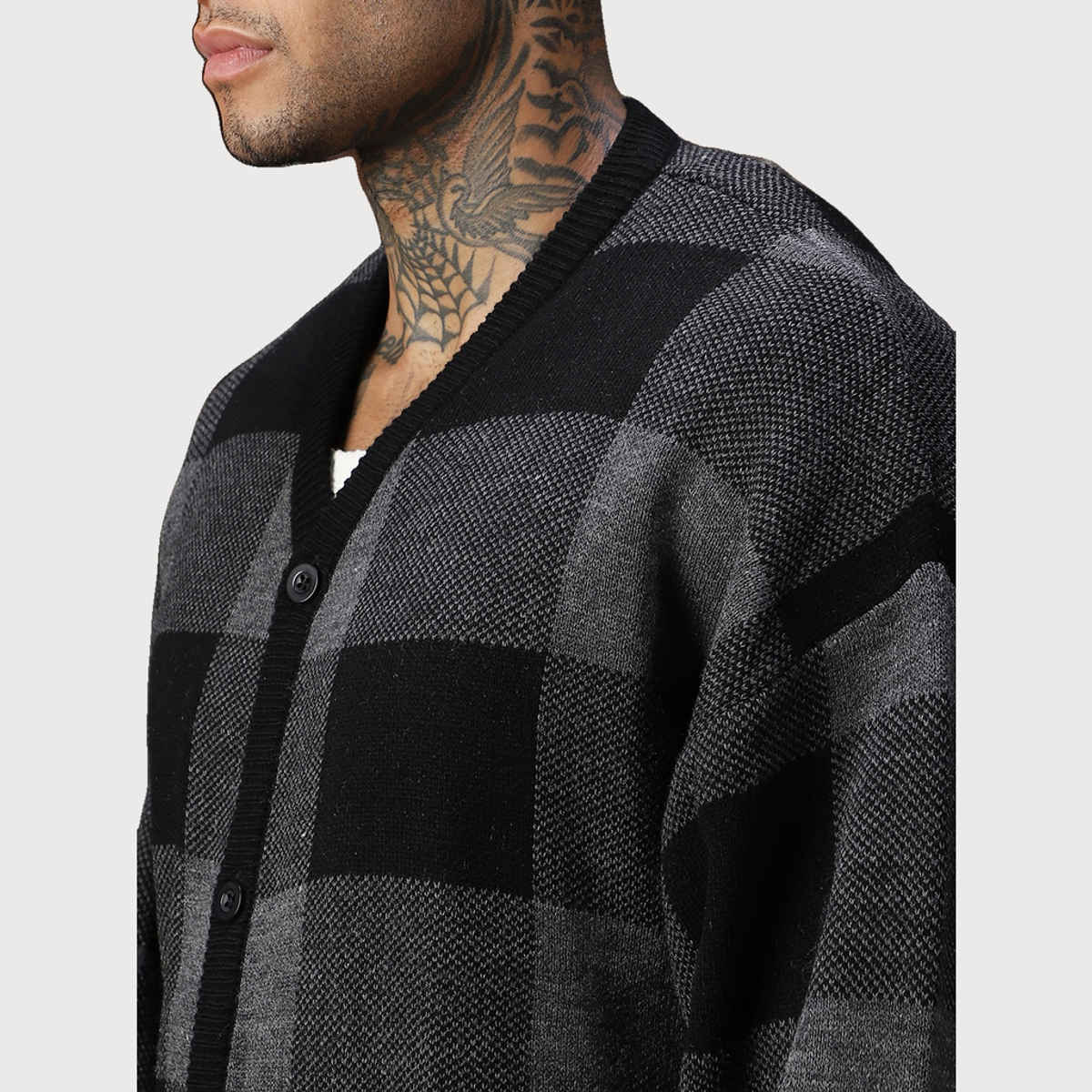 High Star Men's Checked Oversized Fit Cardigan Sweater | Grey - M