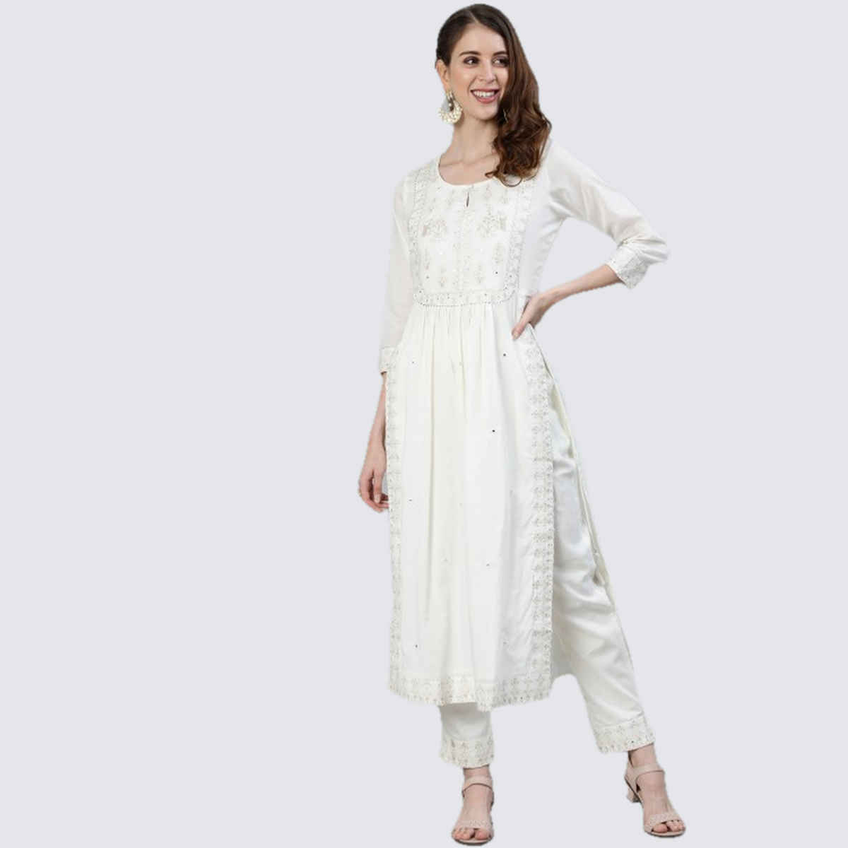 Ishin Women's Kurta Set Ethnic Motifs Embroidered Pure Cotton with Trousers | Off White - L