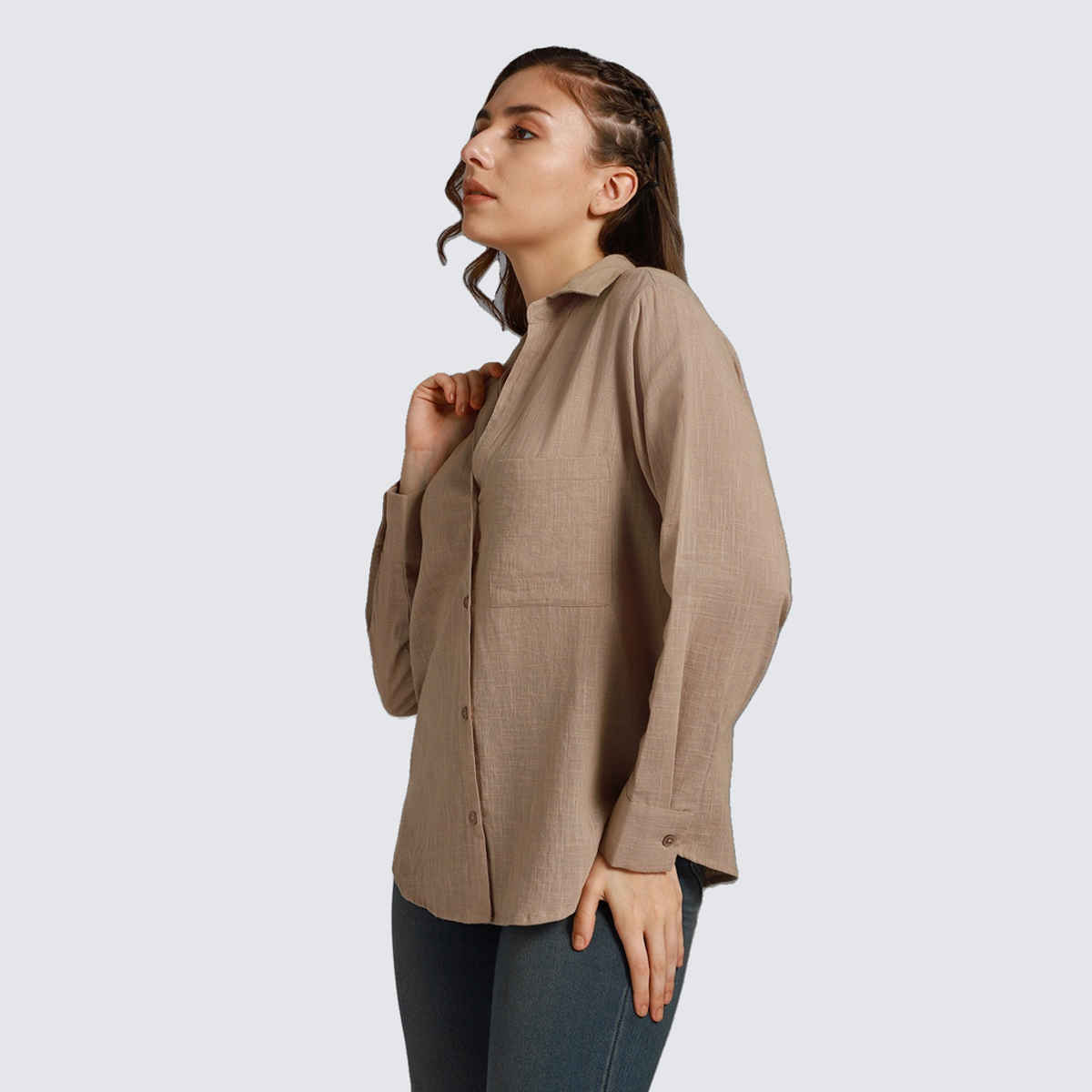 High Star Women's Spread Collar Long Sleeves Cotton Casual Shirt | Sand - M