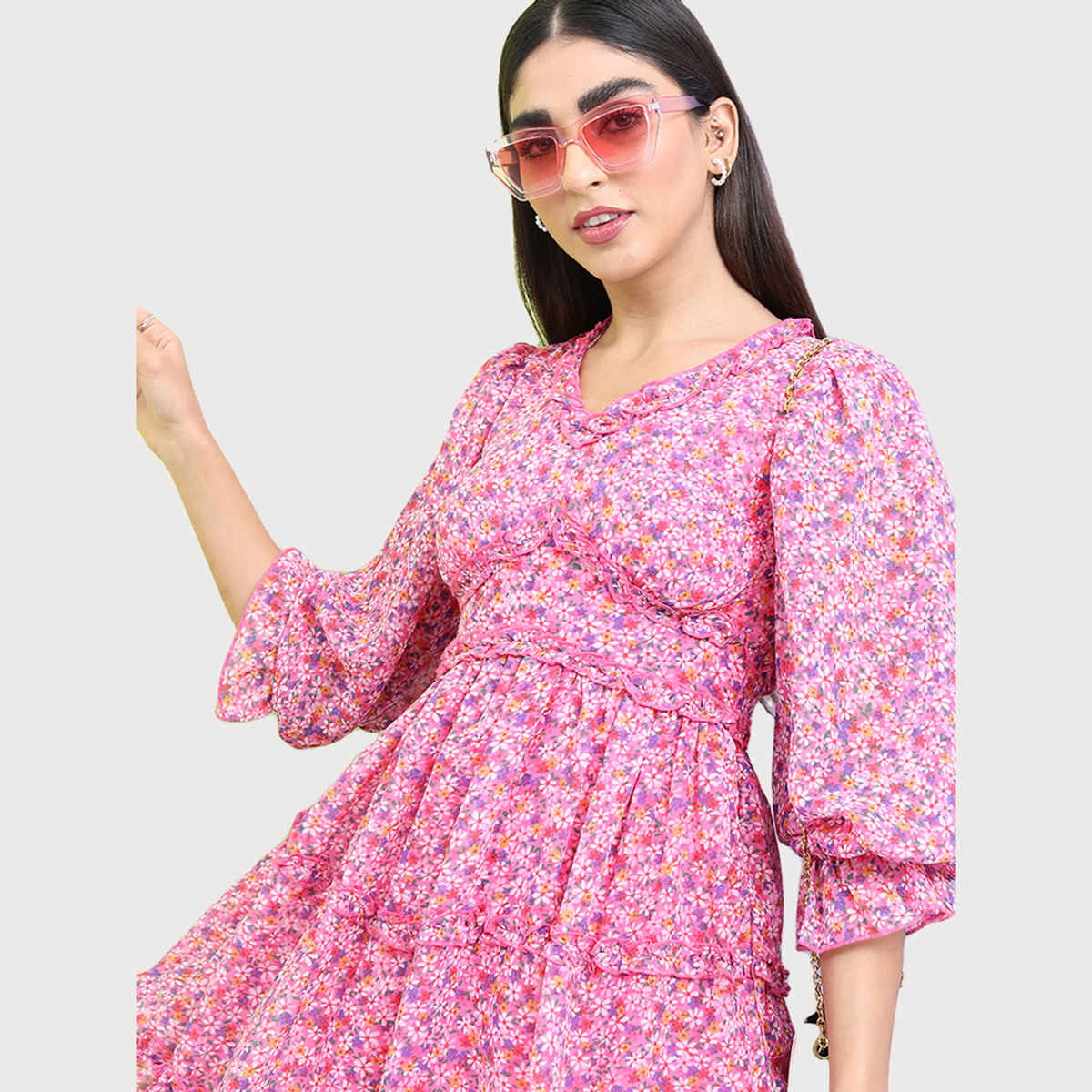 Tokyo Talkies Women's Floral Printed Bell Sleeve A-Line Dress | Pink - XL