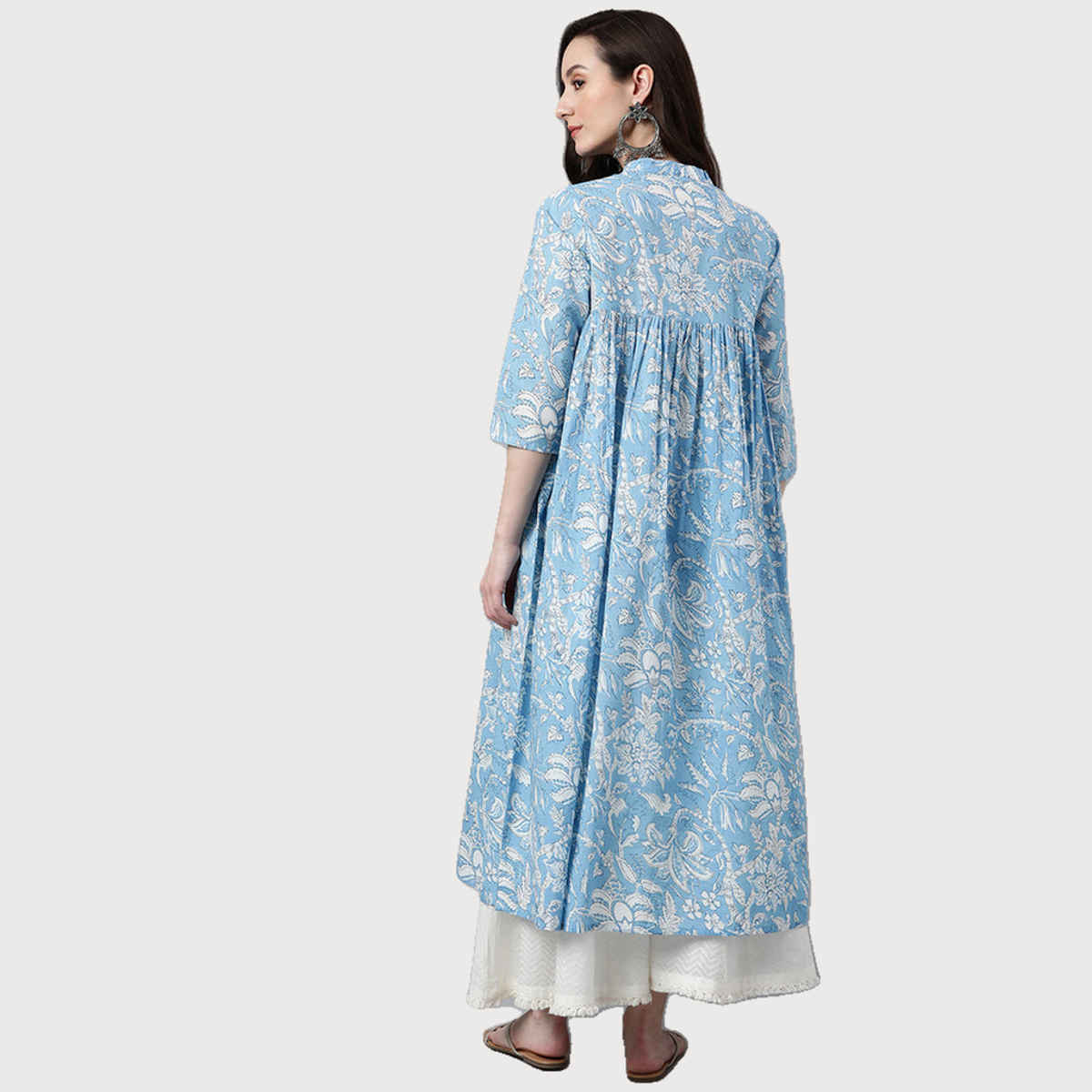 Janasya Women's Sky Blue Pure Cotton Floral Printed Flared Kurta | 2XL