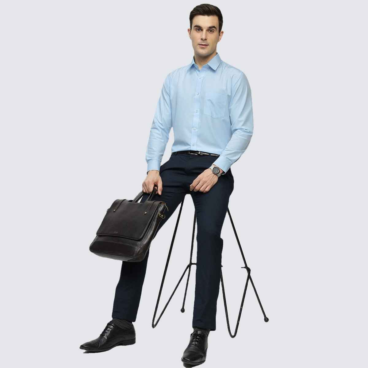 English Navy Men's Cotton Solid Slim Fit Spread Collar Button Closure Formal Shirt | Sky Blue | M