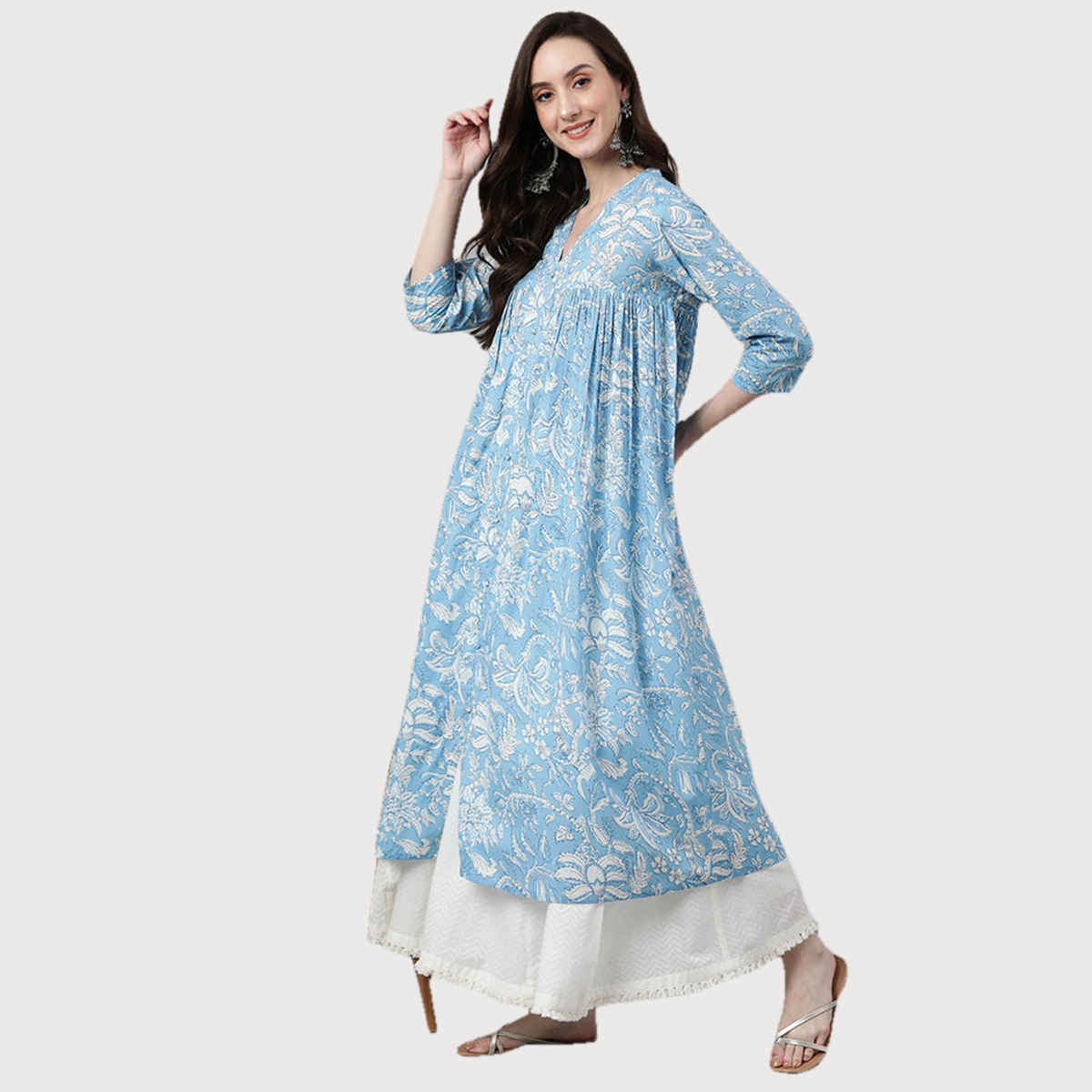 Janasya Women's Sky Blue Pure Cotton Floral Printed Flared Kurta | 2XL