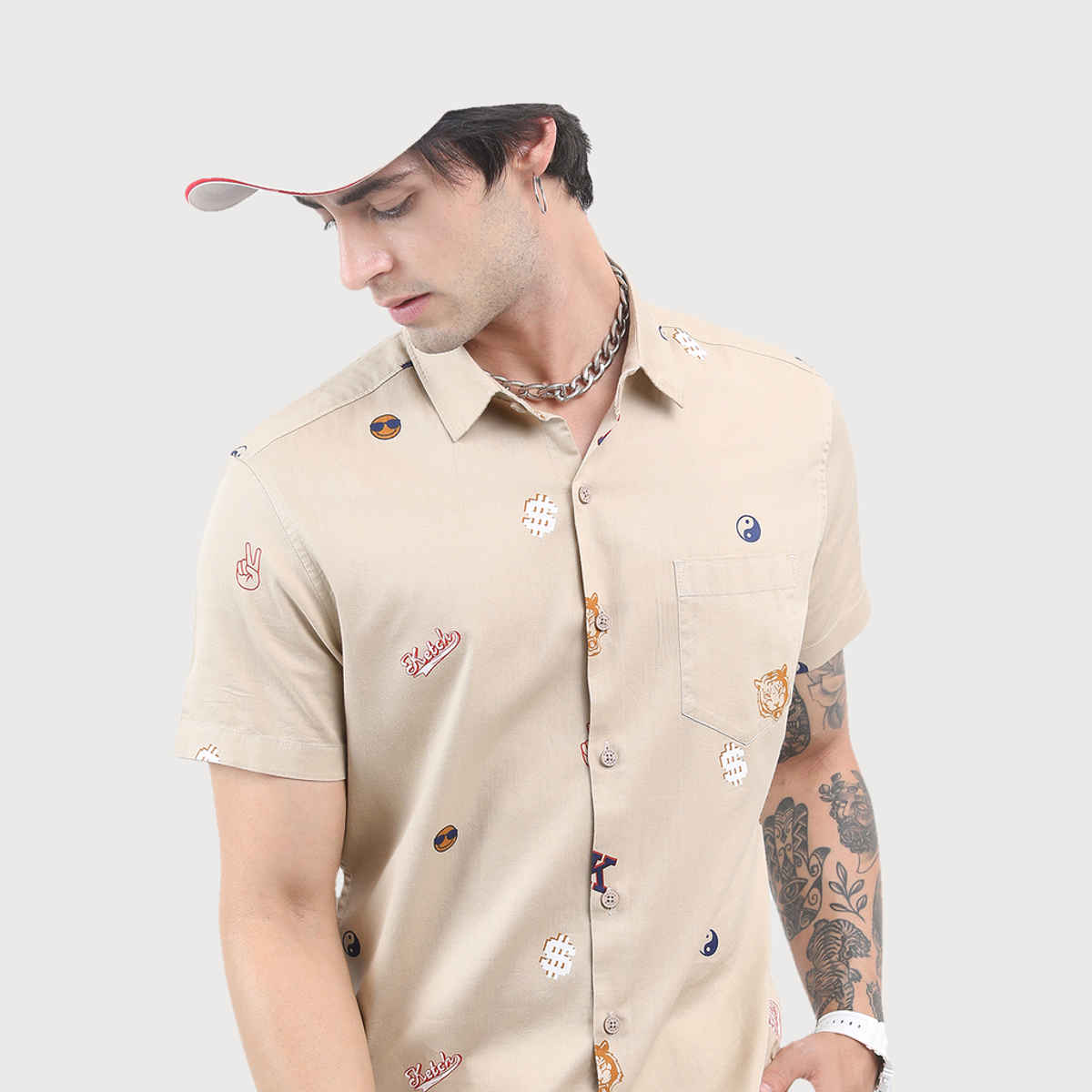 Ketch Men Beige Printed Casual Shirt | Beige - S