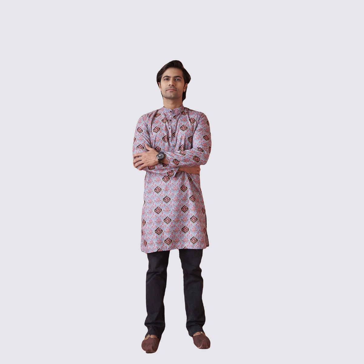 House Of Festivals Men's Printed Cotton Blend Long Kurta | Light Blue - S