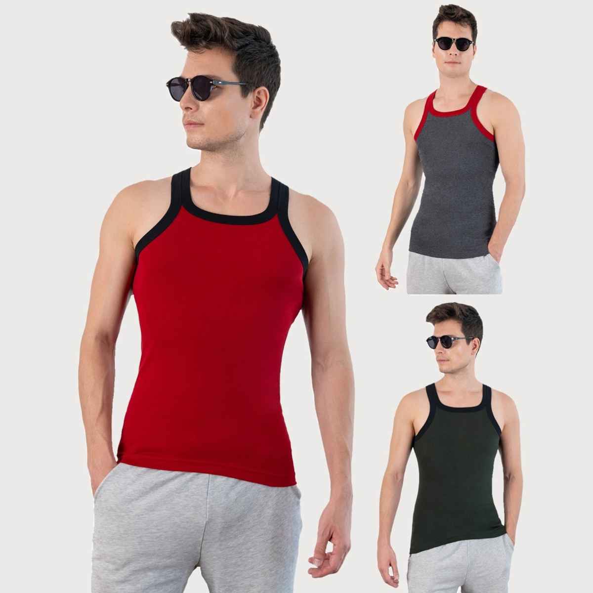 Lux Cozi Men's Gym Vest High Moisture Absorbency | Red Grey Black | L | Pack Of 3