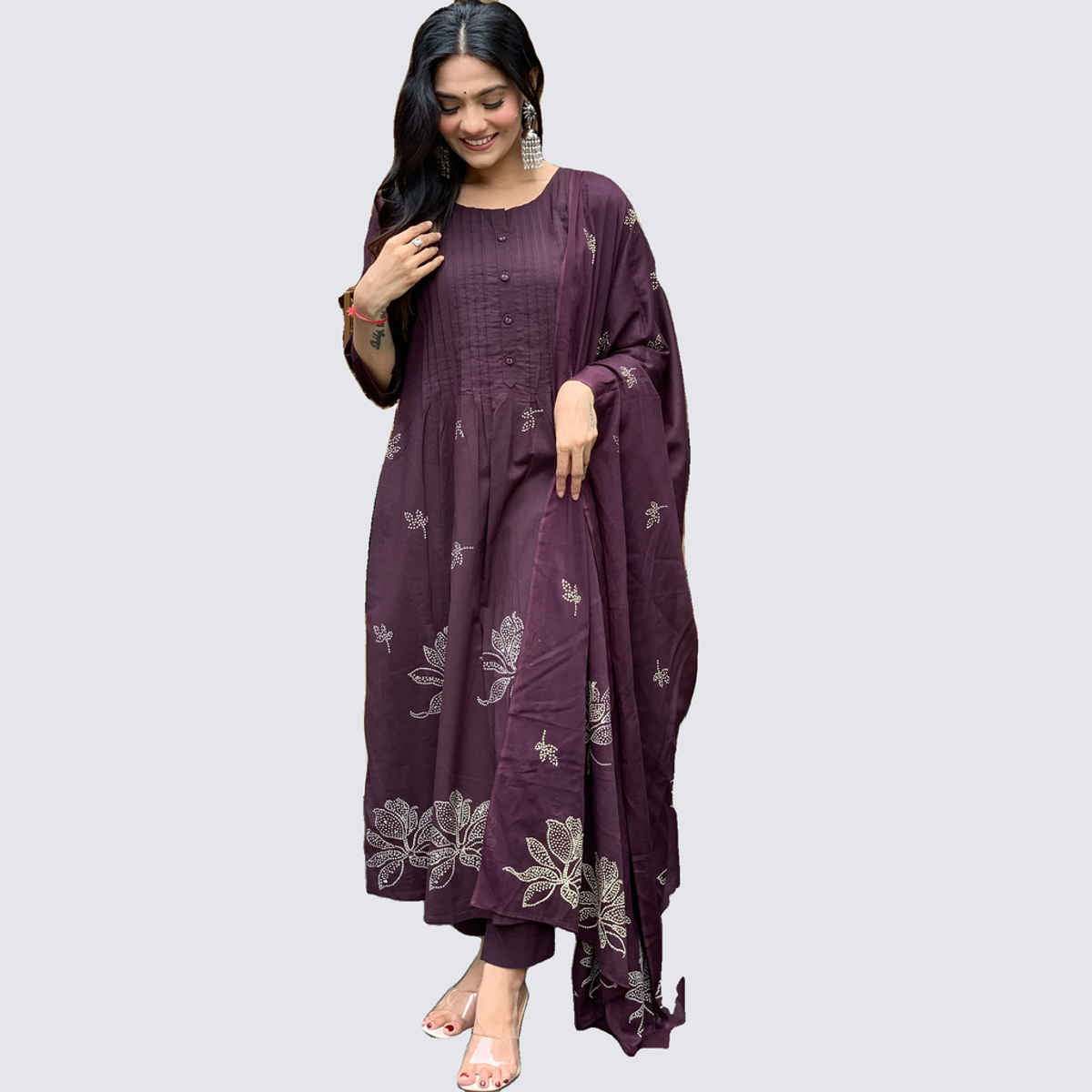 GoSriKi Women's Viscose Rayon Anarkali Printed Kurta with Pant & Dupatta | GANGORI | Wine - XL