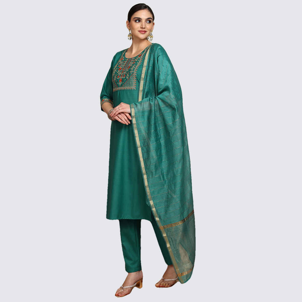 Vishudh Women's Embroidered Straight Kurta With Pants And Dupatta | PVK3000011 | Green - M