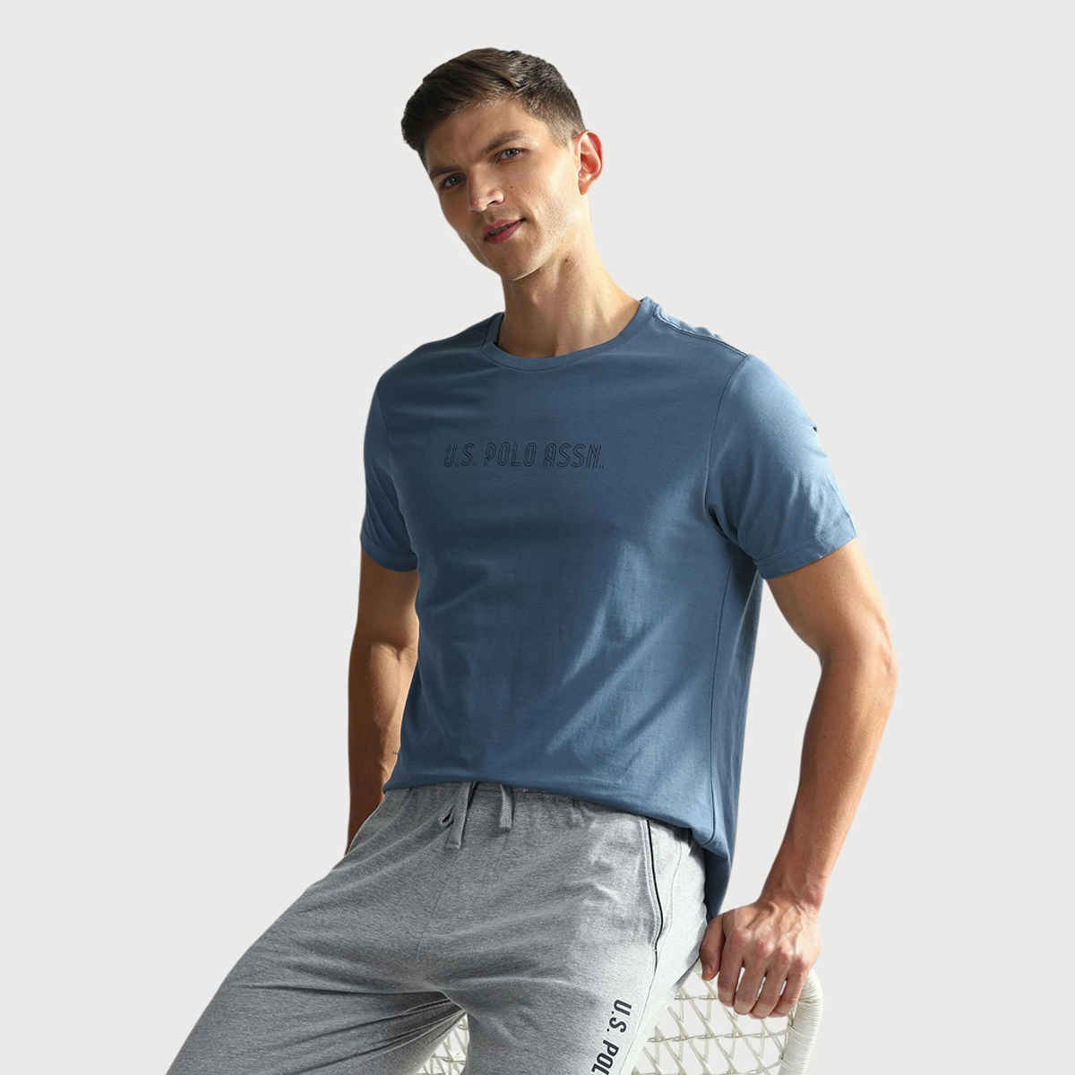 U.S. Polo Assn. Men's Solid T-shirts | Sky Blue & Dark Green - M