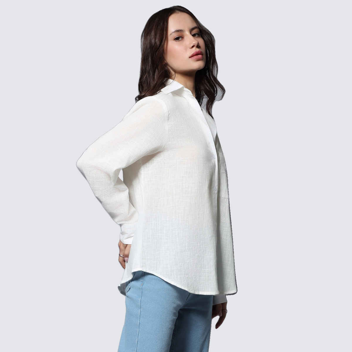 High Star Women White Long Sleeves Solid Oversized Casual Shirt (Size-S)