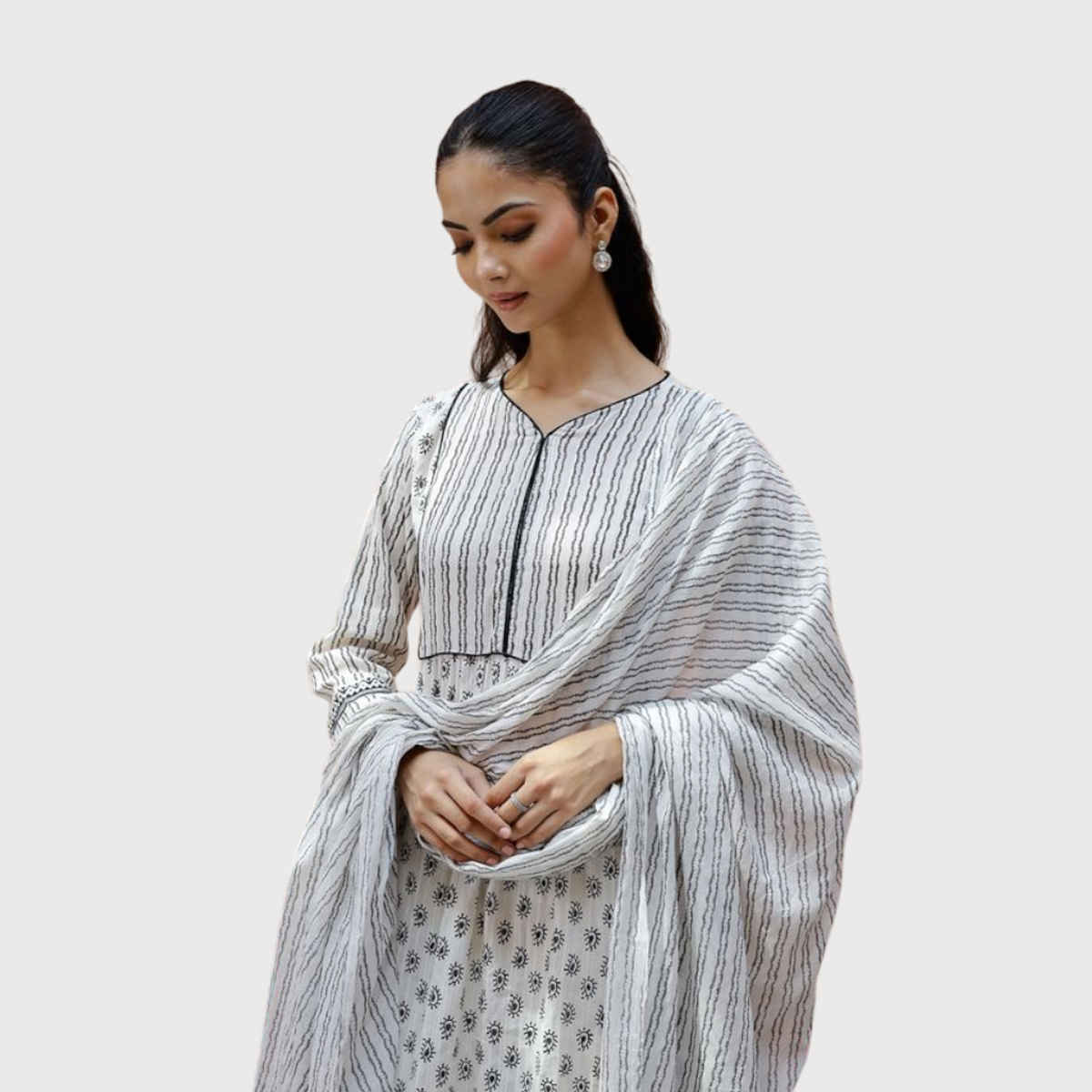 Rangdeep Ethnic Motifs Printed Cotton Straight Kurta, Trousers & Dupatta | Women | White | XL