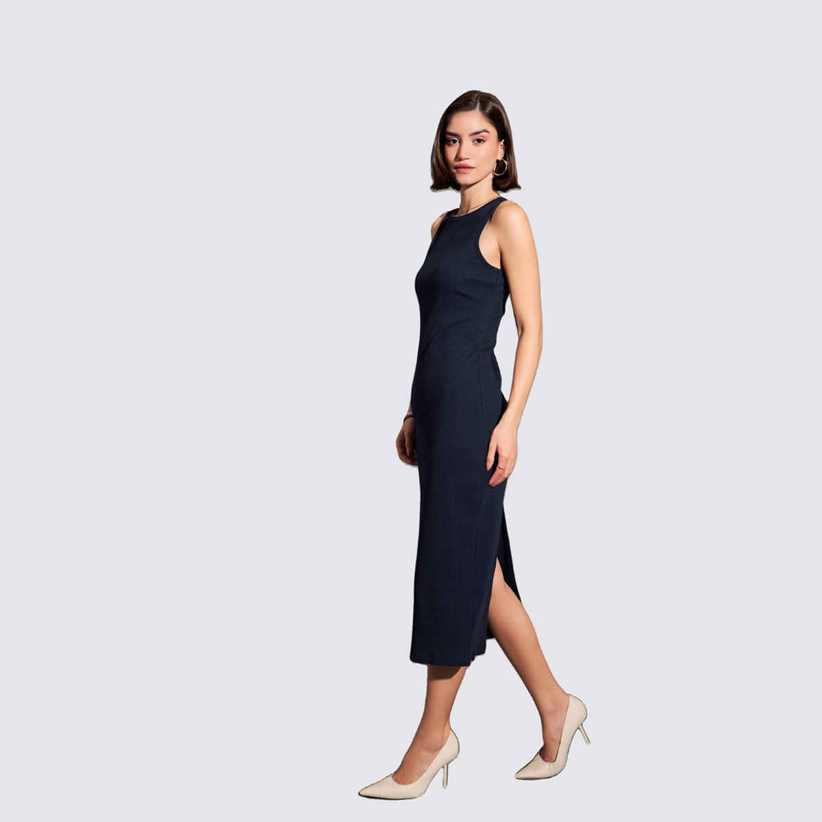 SASSAFRAS Women's Rib Sleeveless Bodycon Dress | Navy - M