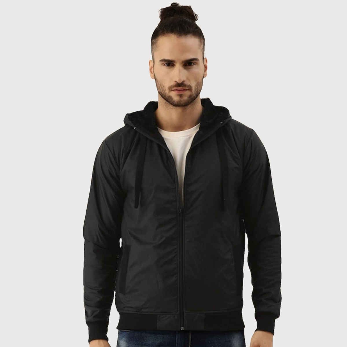 Campus Sutra Men's Zip - Front Jacket With Ribbed Hem | Black - M
