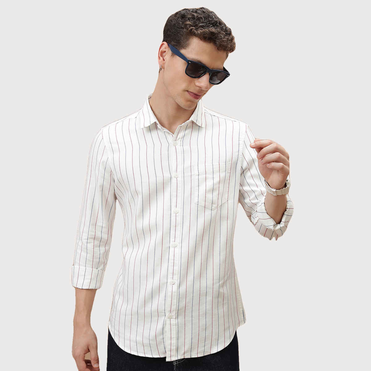 HIGHLANDER Men's Striped Slim Fit Opaque Cotton Casual Shirt | White, Blue and Red - M