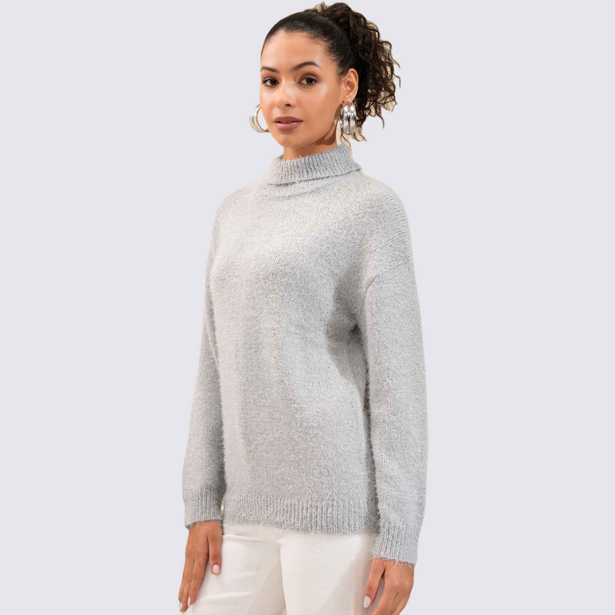 Tokyo Talkies Women's Turtle Neck Casual Sweater | Grey - M