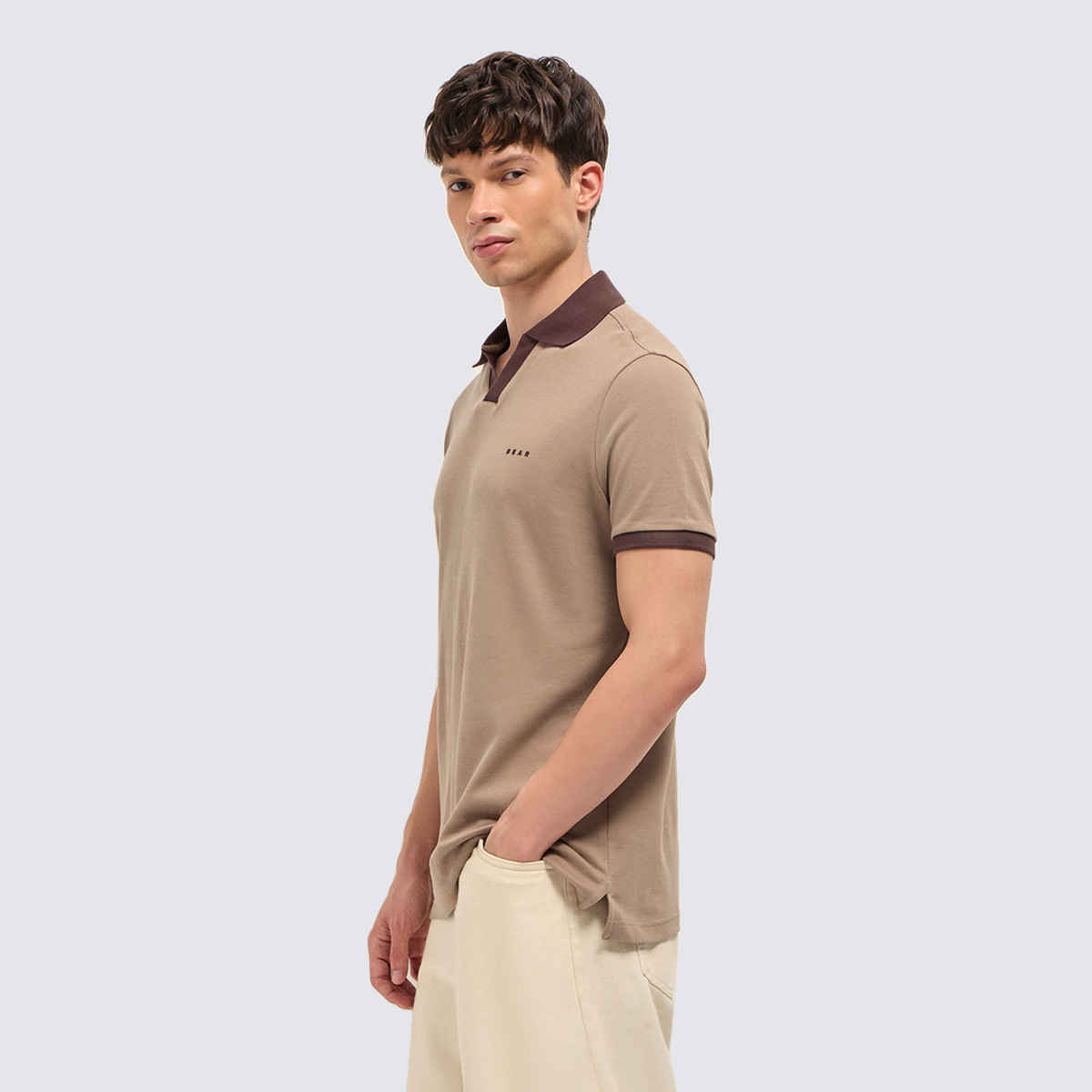 The Bear House Men's Solid Regular Fit Polo with Contrast Collar | Beige - L