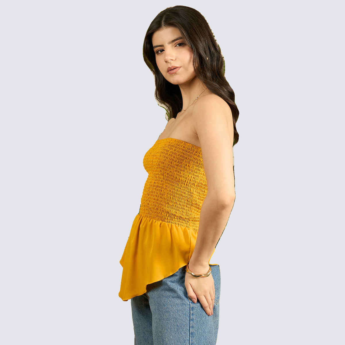 Uptownie Women's Smocked Bandeau Asymmetrical Top | Mustard Yellow - M