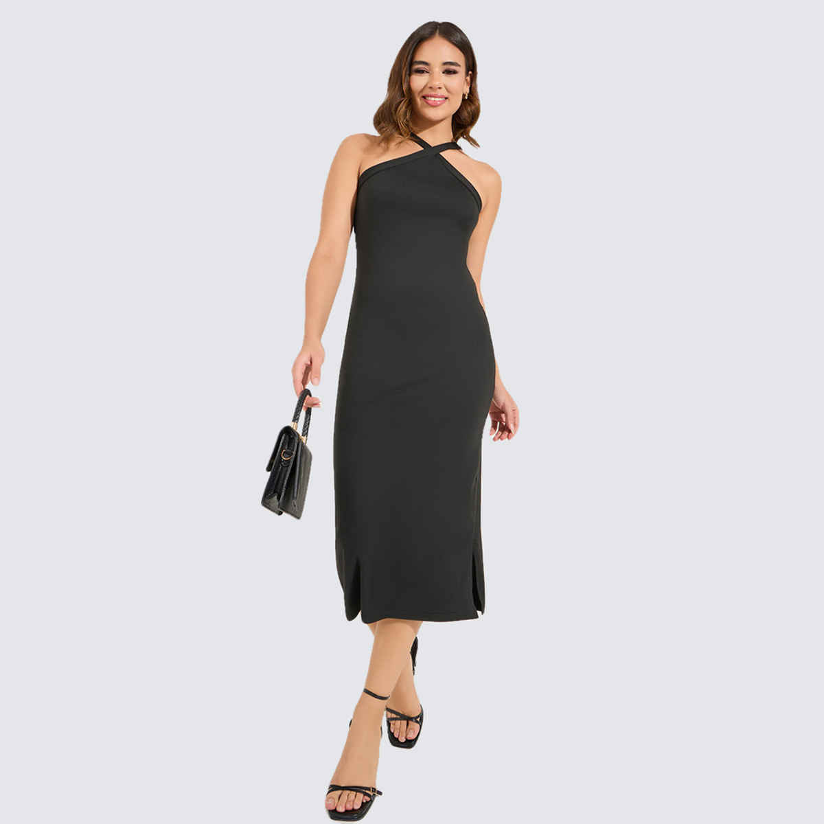 Styli Women's Casual Wear Halter Neck Solid Sleeveless Bodycon Midi Dress | Black - L