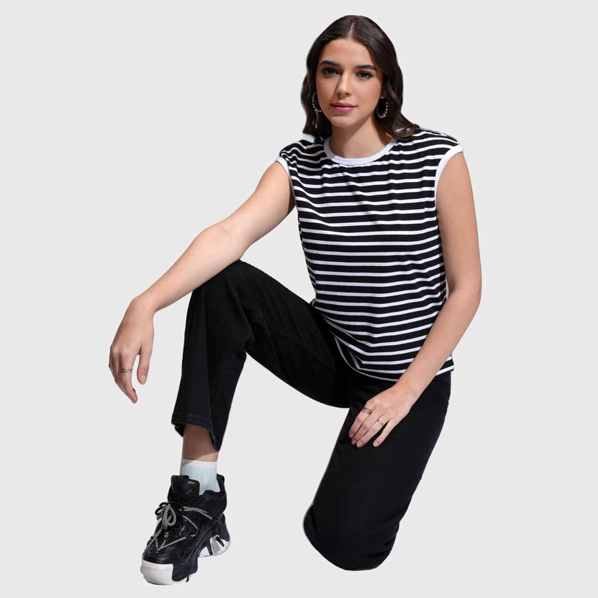 Tokyo Talkies Women's Striped Regular Fit Sleeveless Top | Black & White - L