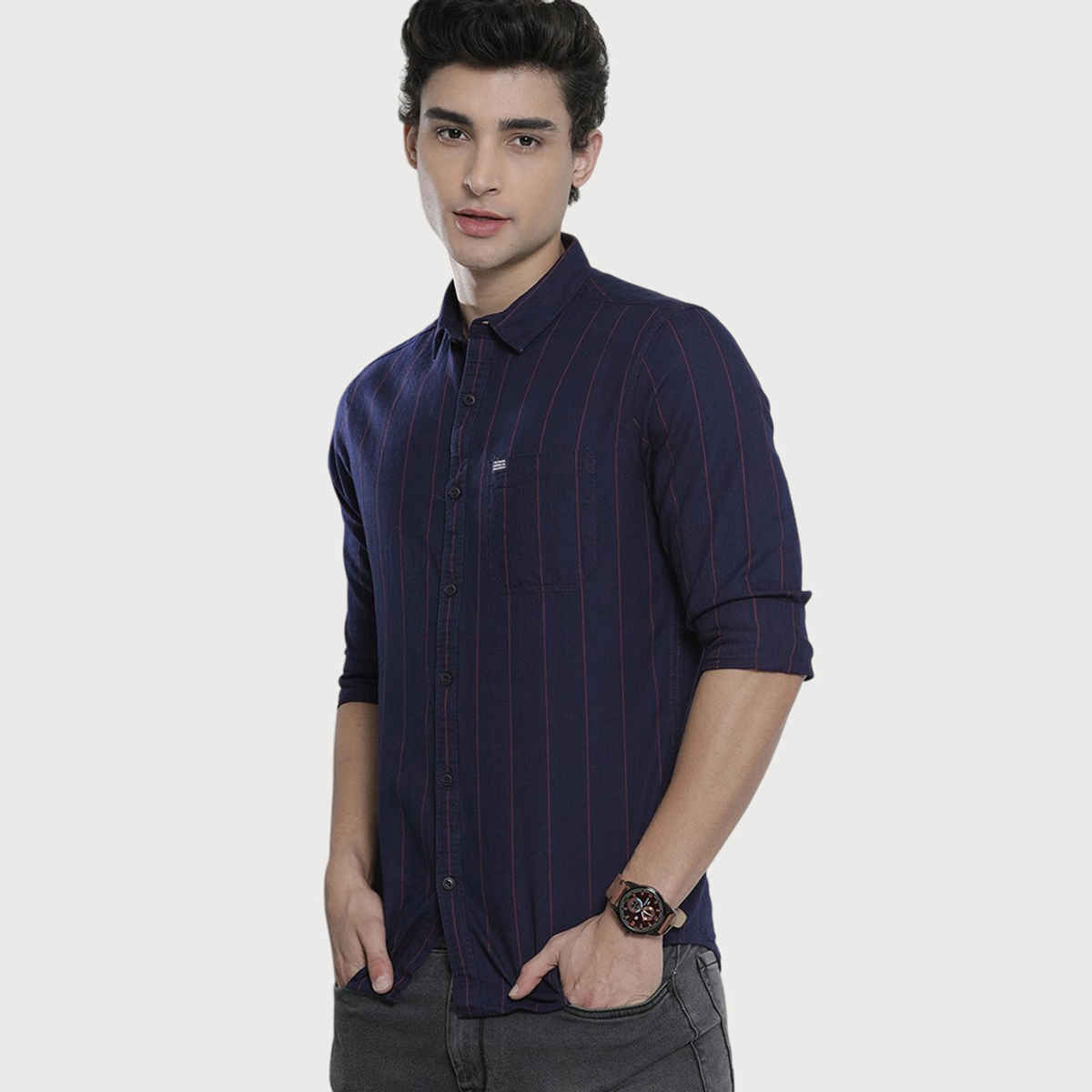 The Indian Garage Co Men's Slim Fit Checkered Casual Shirt | Navy Blue - L