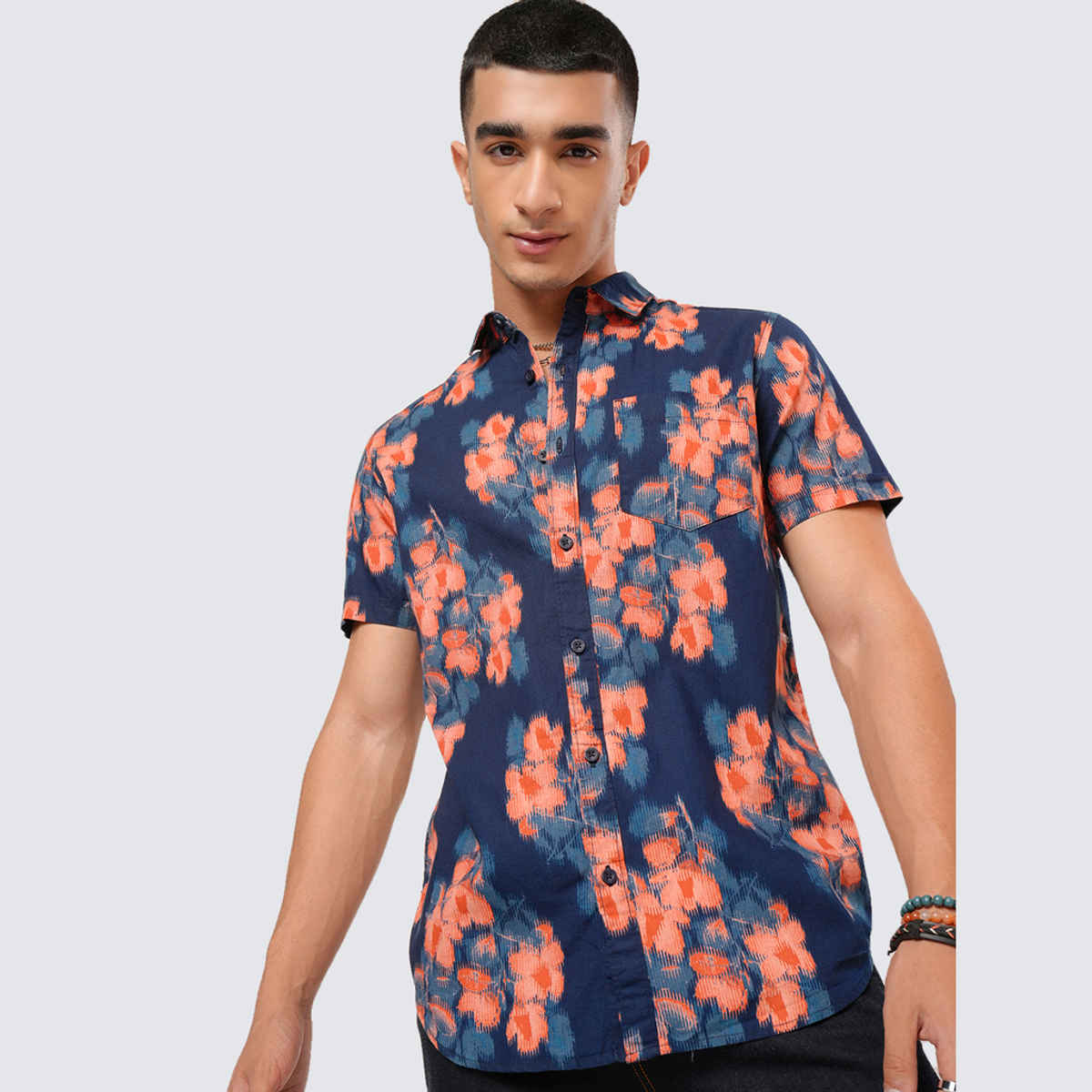 Highlander Men's Slim Fit Printed Casual Shirt | Navy Blue - XL