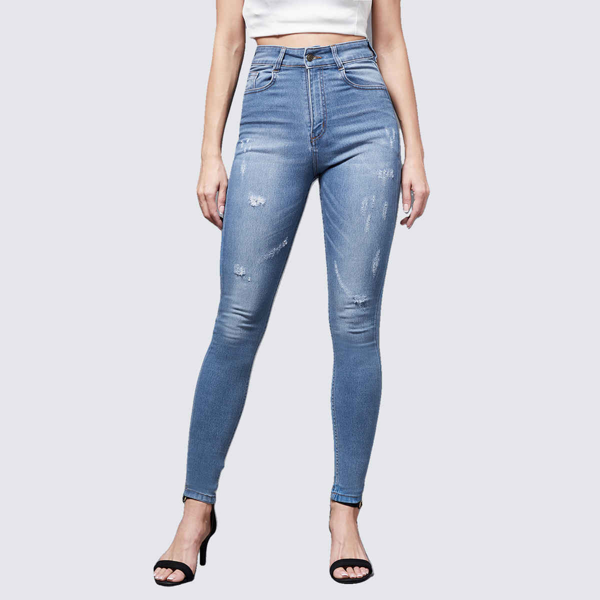 Miss Chase Women Skinny High Rise Mild Distress Regular Stretchable Denim Jeans | Blue | 30