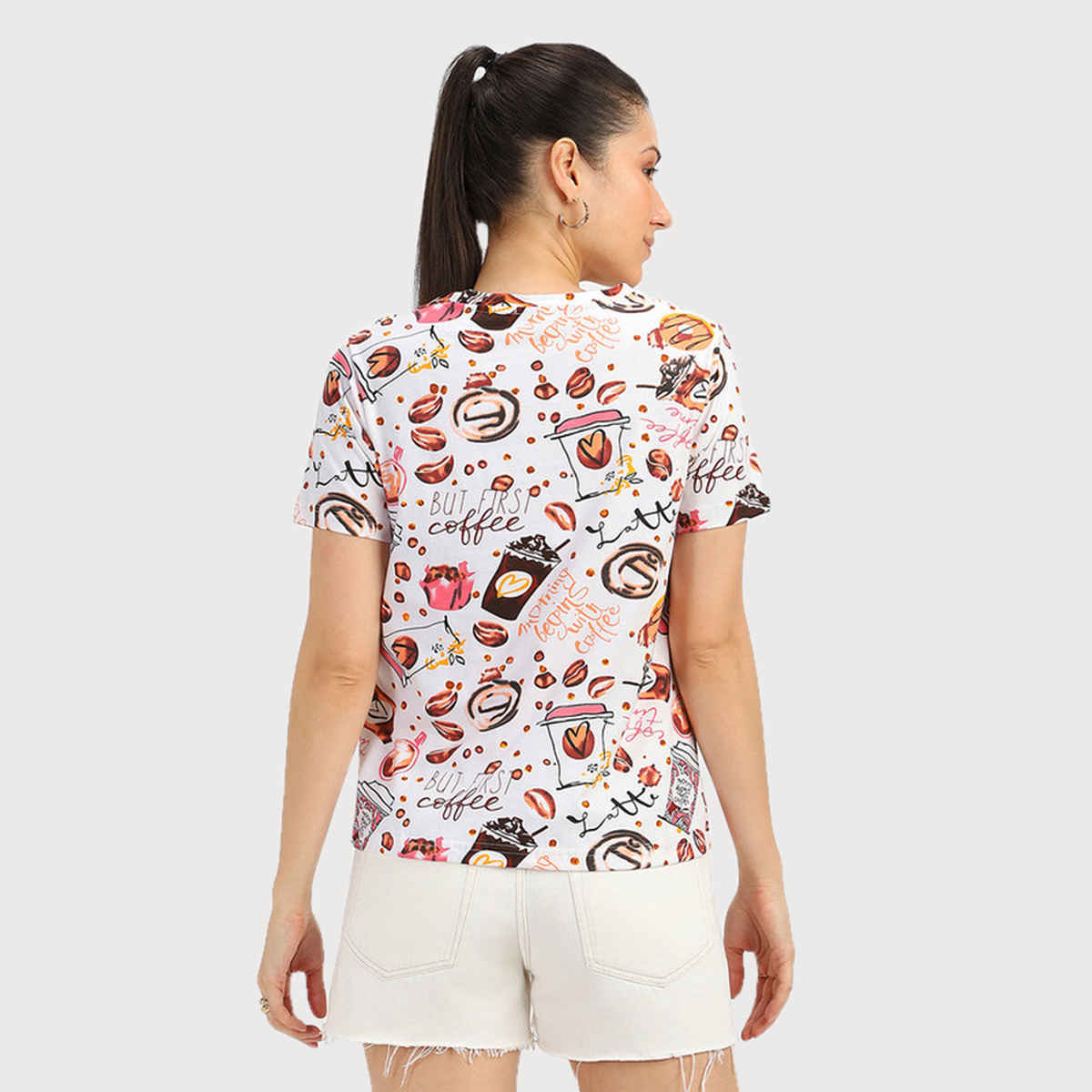 Juneberry White All over Printed Regular Fit T-shirt for Women - S