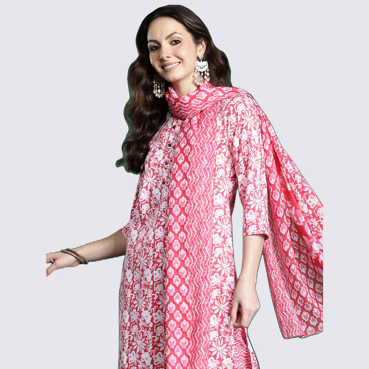 Indo Era Women's Printed Straight Kurta Pant with Dupatta set | KH0PK11044 | Pink - XL