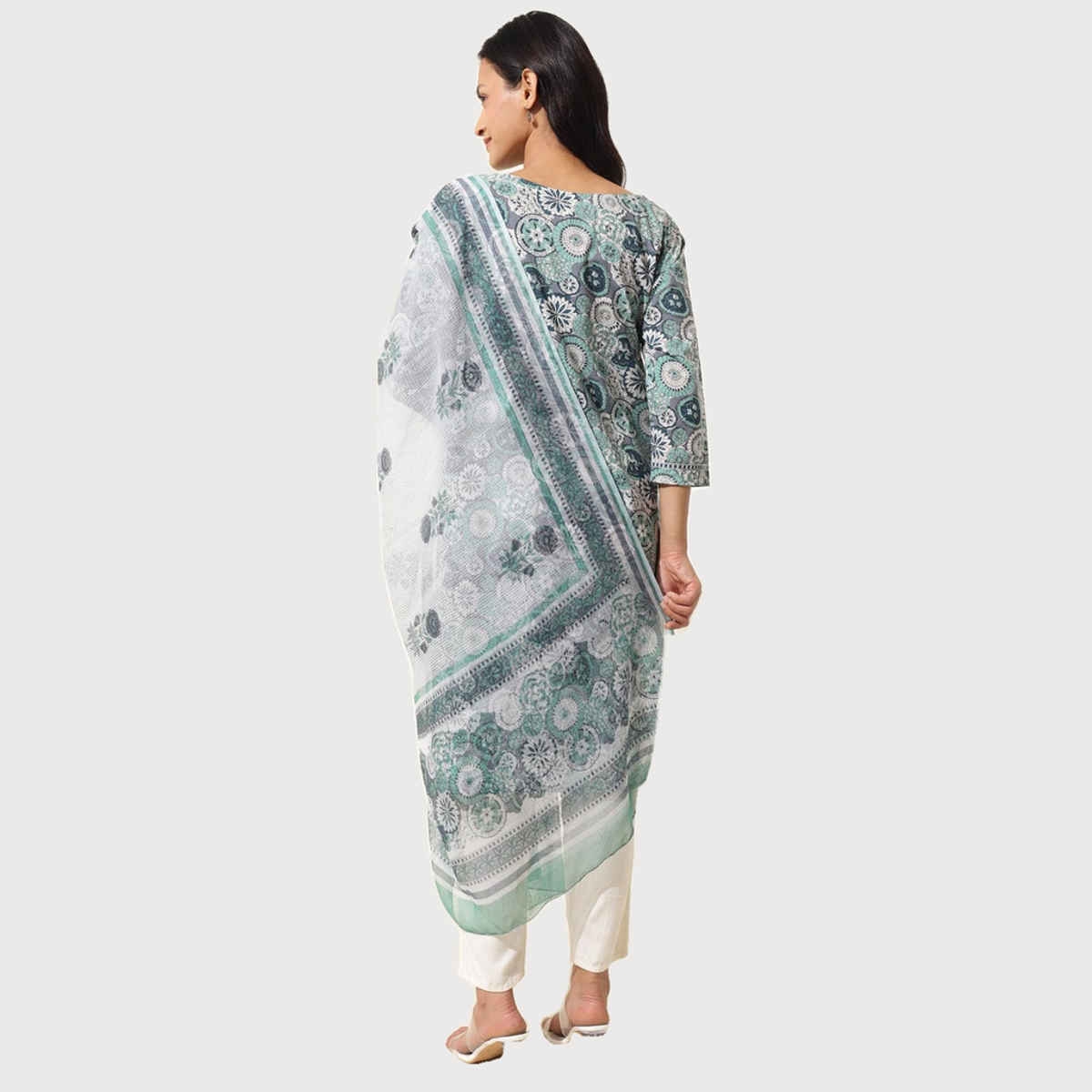 Fabindia Women's Dupatta & Kurta Set Cotton Printed | Blue - L
