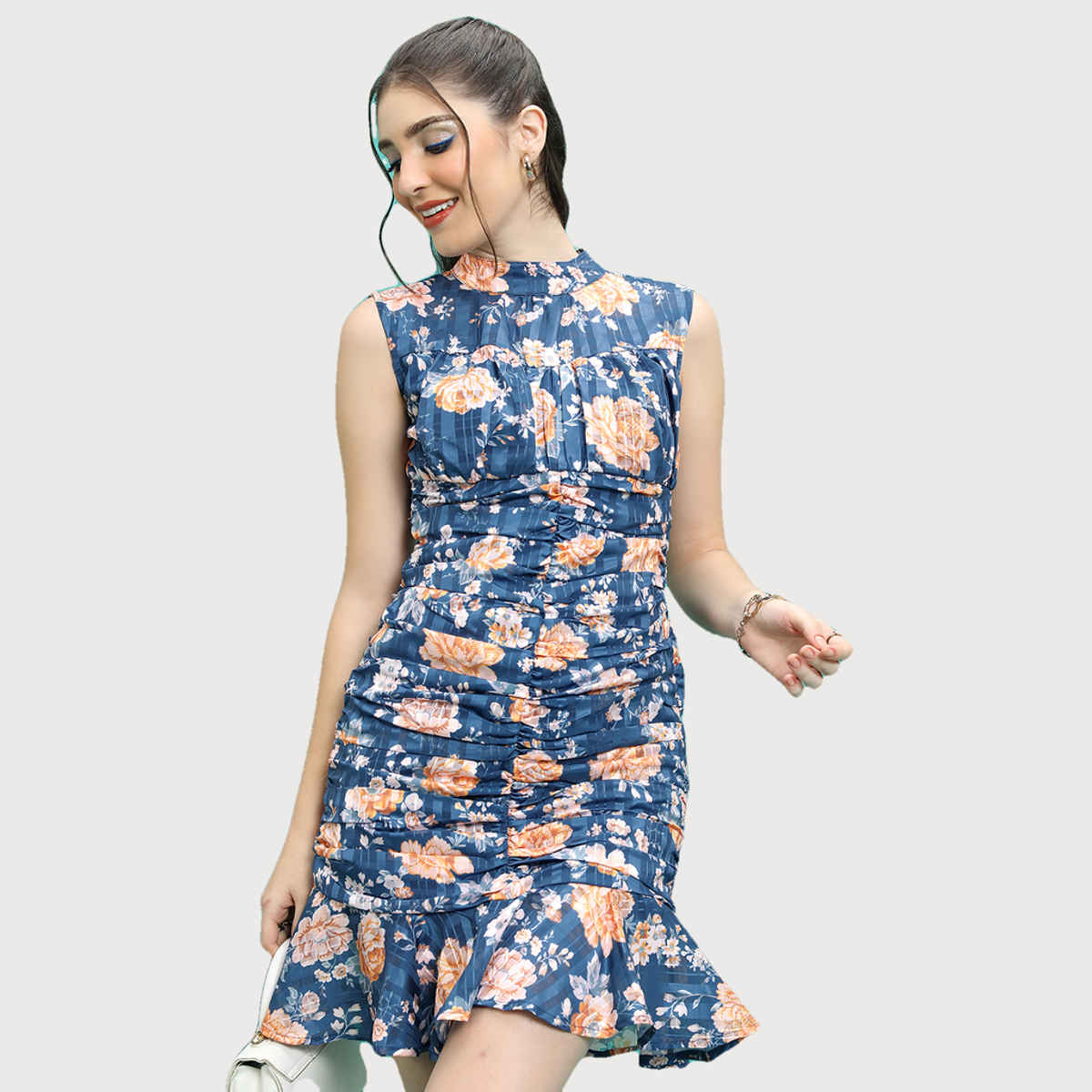 Tokyo Talkies Women's Floral Printed Fit and Flare Maxi Dress | Navy and Multicolour - M