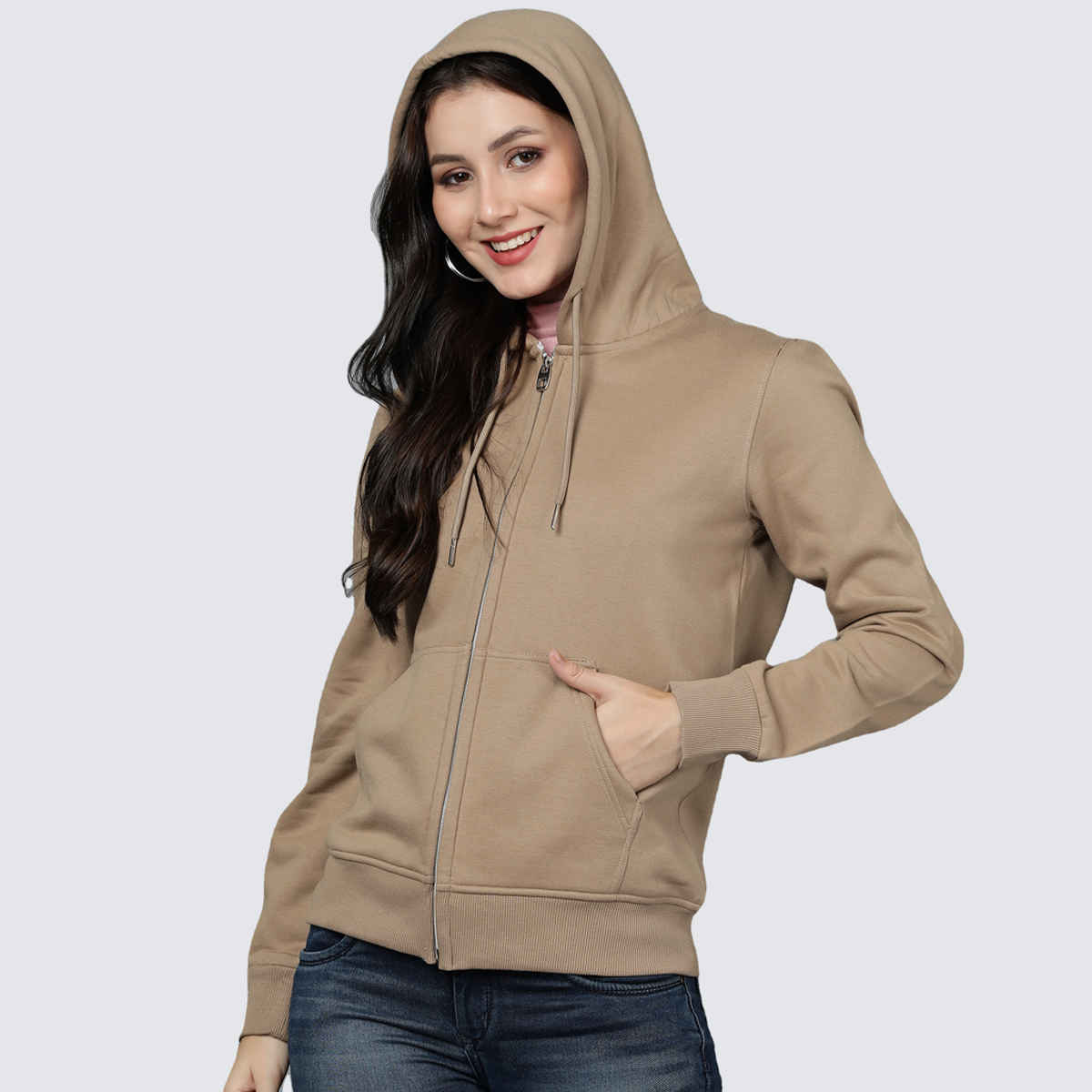 Alan Jones Clothing Women's Solid Zipper Hooded Sweatshirt | Tan - S