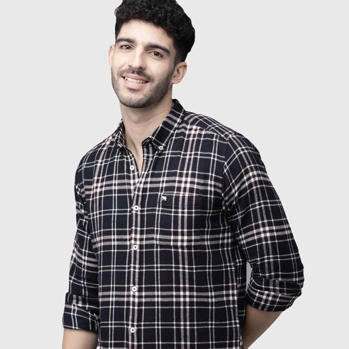 The Bear House Men Slim Fit Checked Button-Down Casual Shirt - Salva | Blue | L