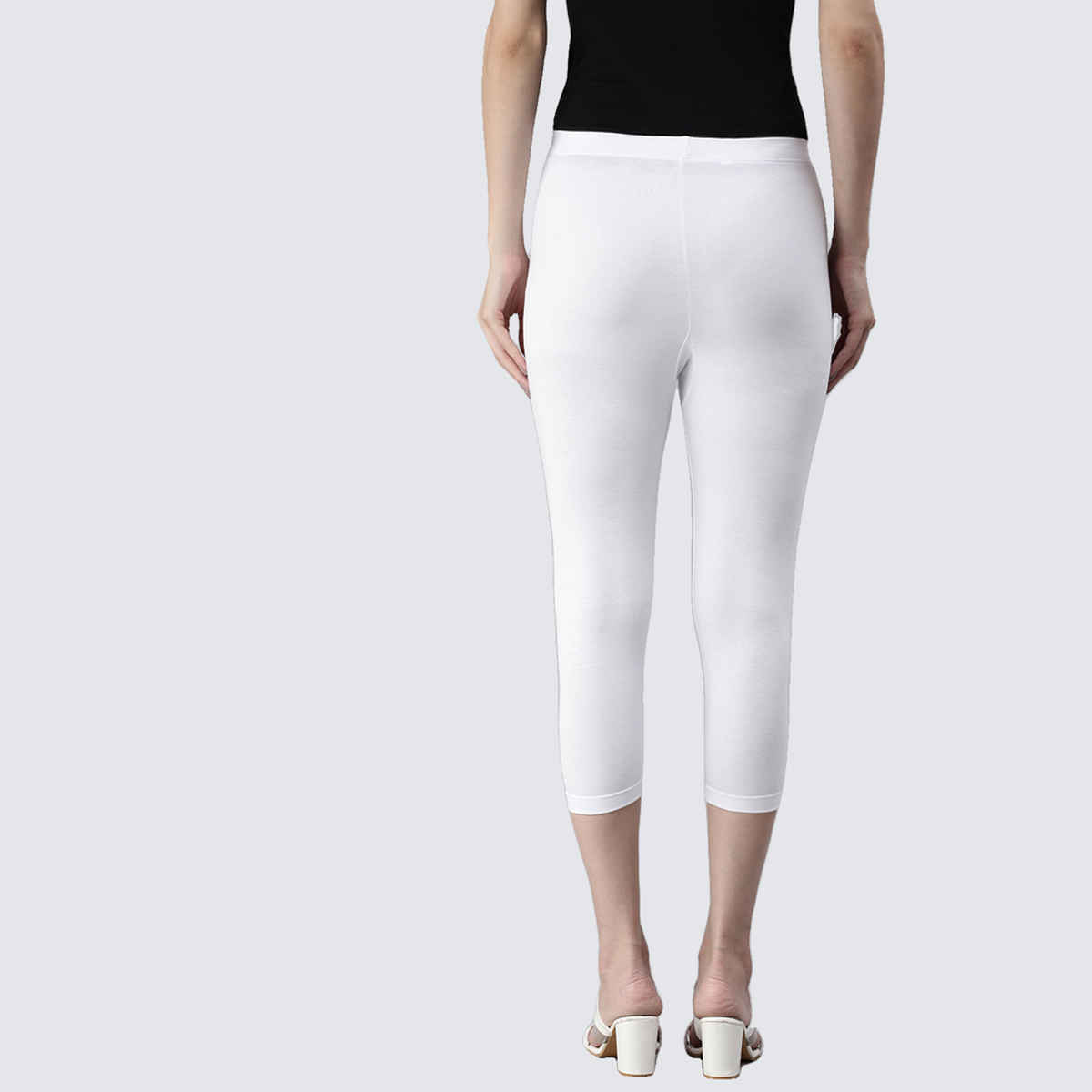 Kryptic Women's Mid-Rise Three-Fourth Length Stretchable Cotton Leggings | White - S
