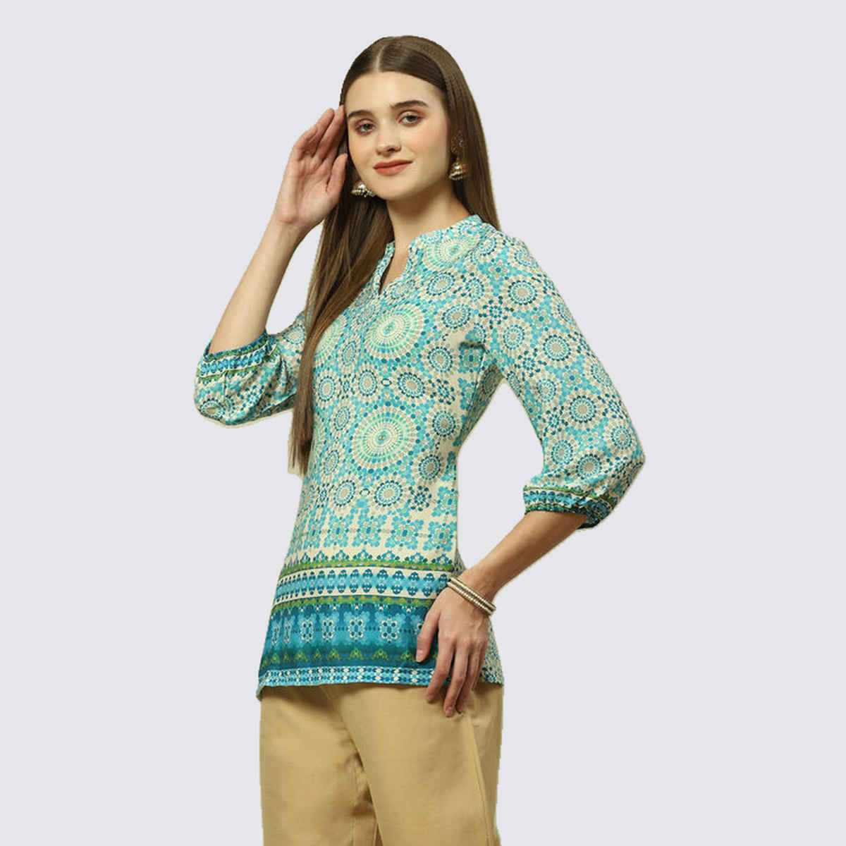 Rangriti Women's Polyester A-Line Printed Top | INDIETOP18643AW23GRN | Green - 32