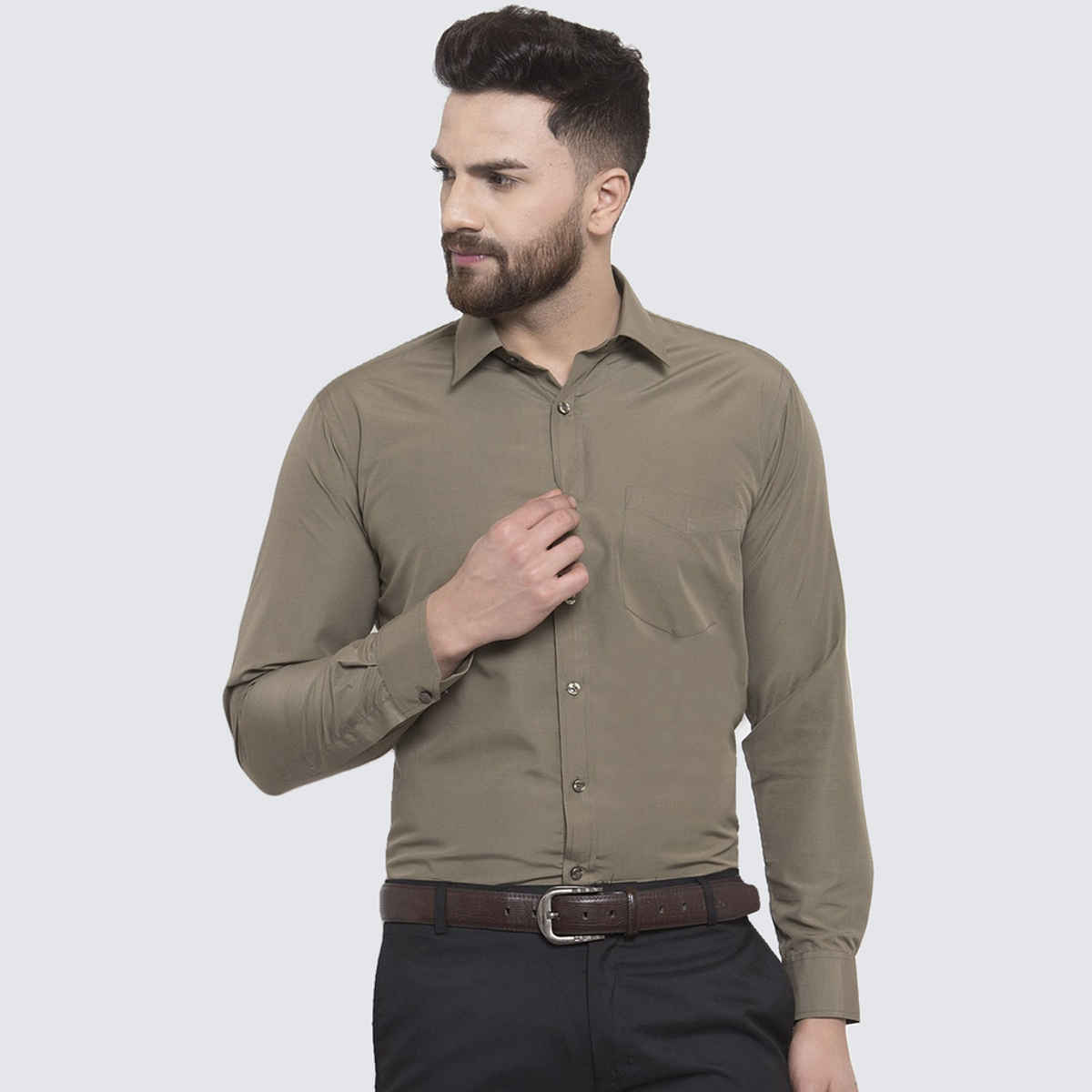 English Navy Men Olive Solid Slim Fit Formal Shirt-44