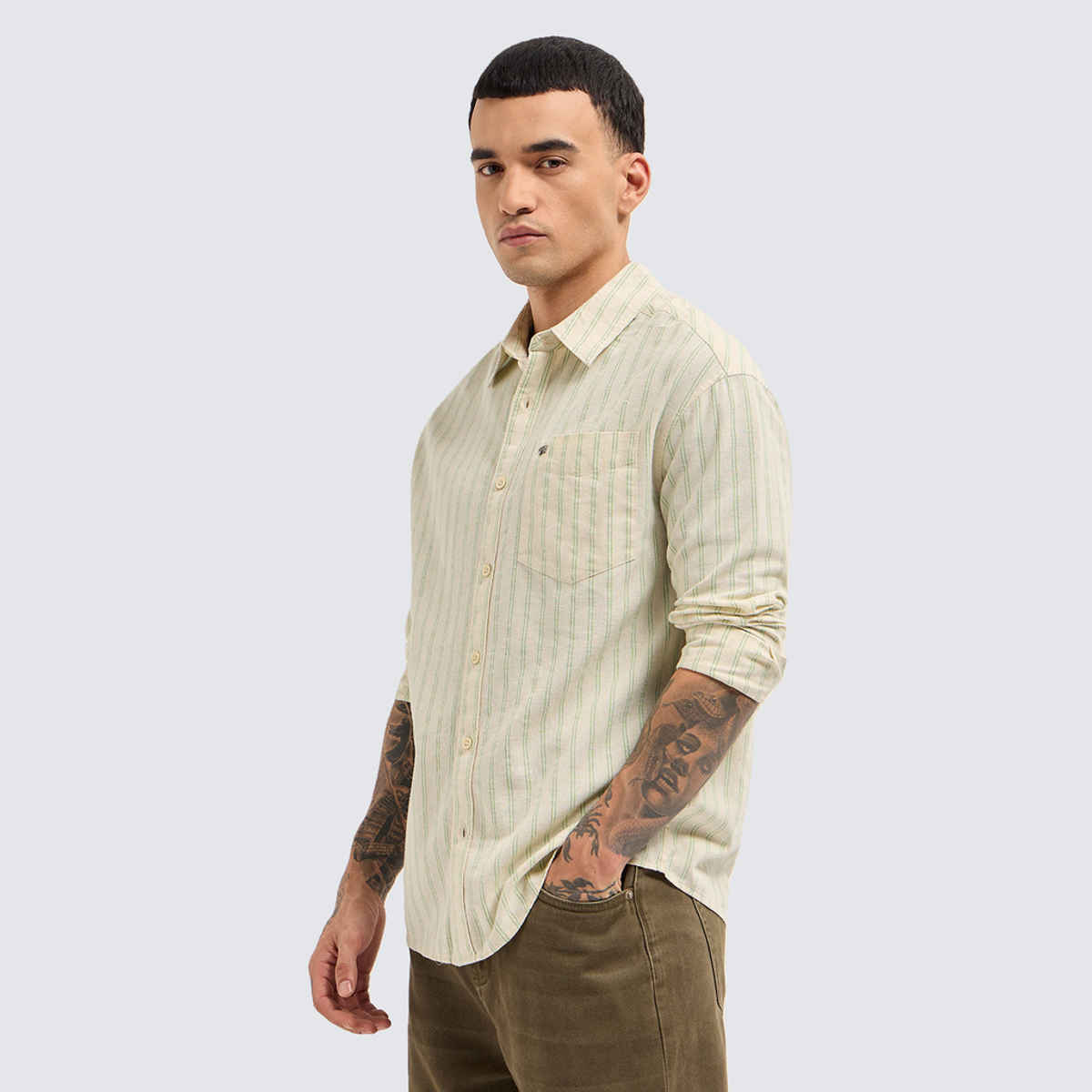 The Bear House Men's Vertical Striped Relaxed Fit Casual Shirt | Light Green - L