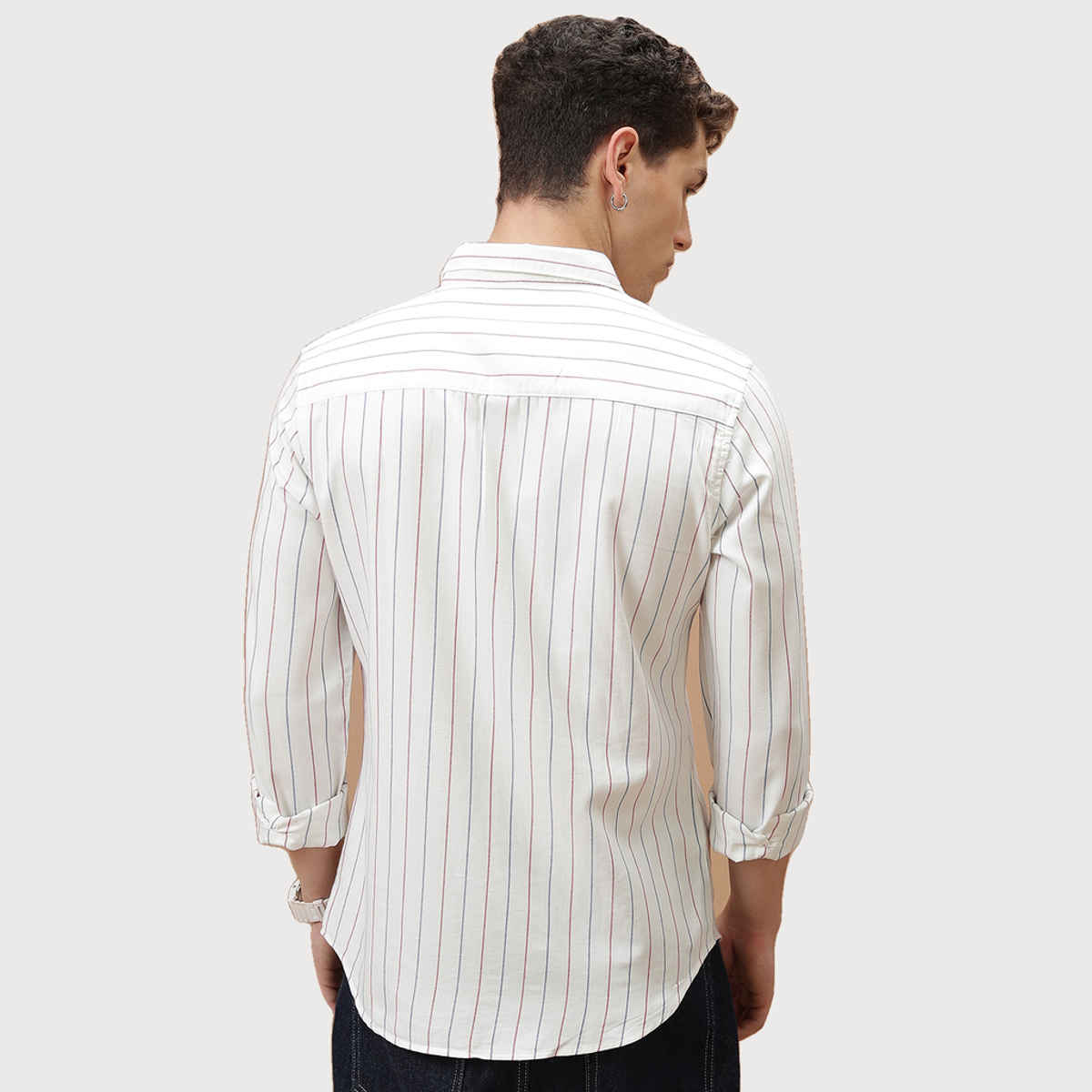 HIGHLANDER Men's Striped Slim Fit Opaque Cotton Casual Shirt | White, Blue and Red - S