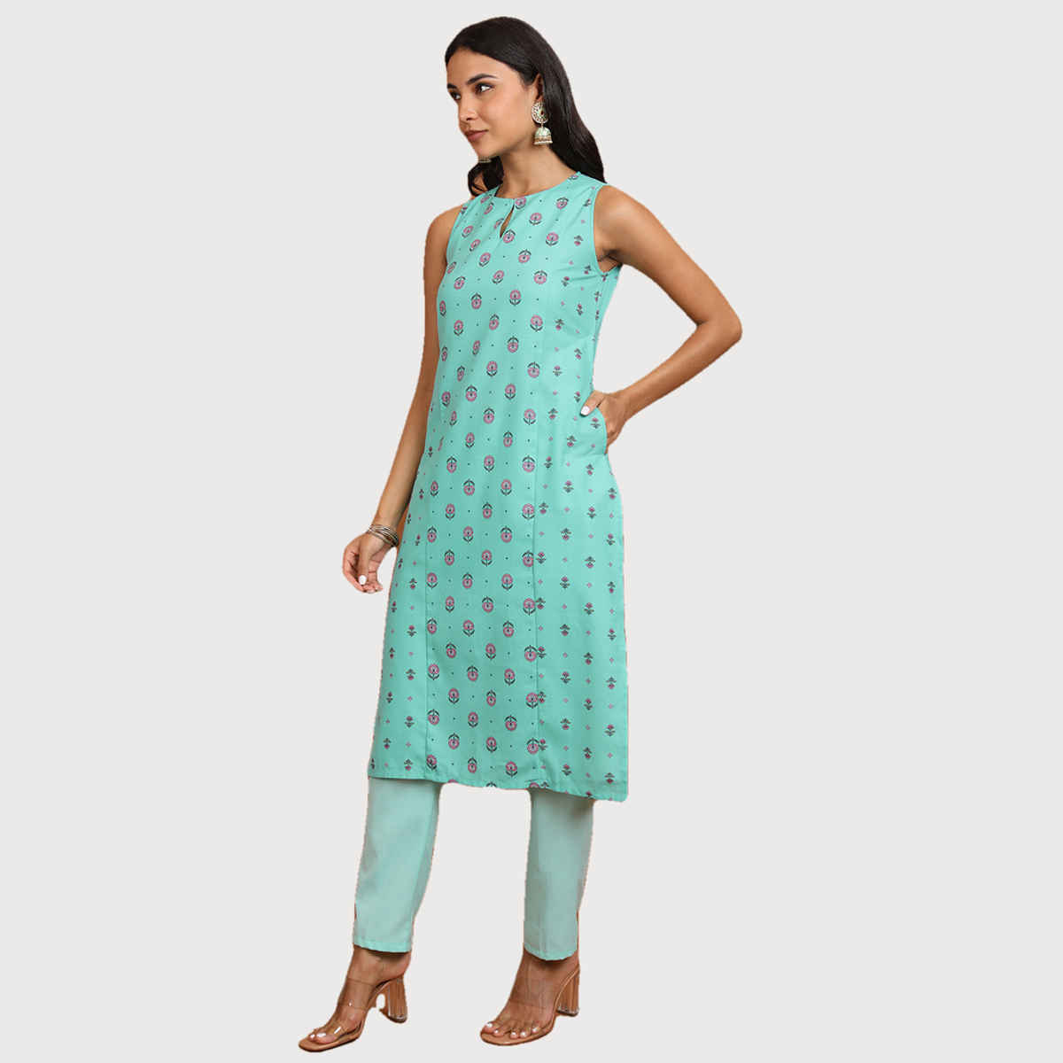 KETCH Women's Ethnic Motifs Printed Straight Kurta, Pyjamas with Dupatta | Aqua - S