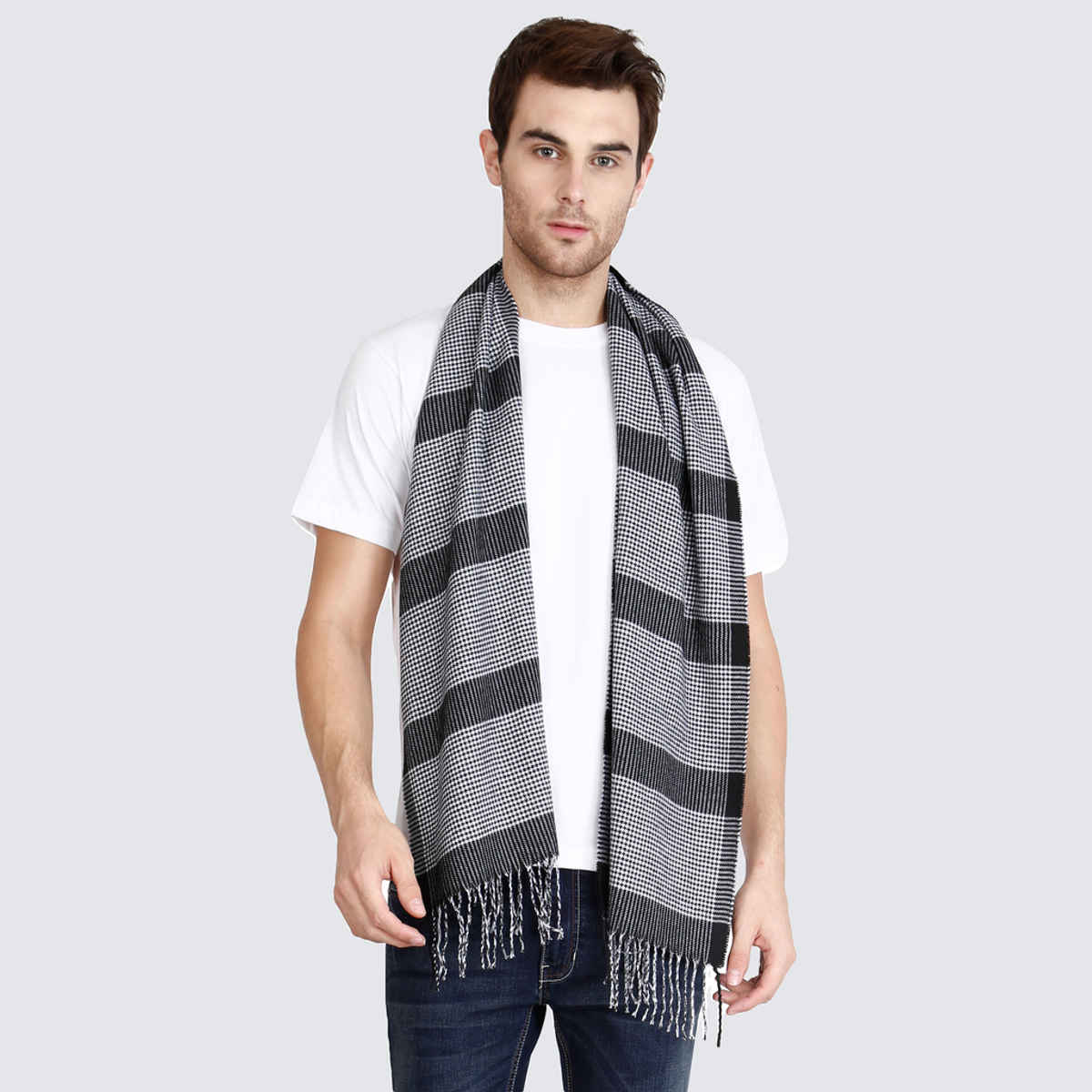 Fabseasons Men's Checkered Acrylic Wool Muffler | White - Free Size