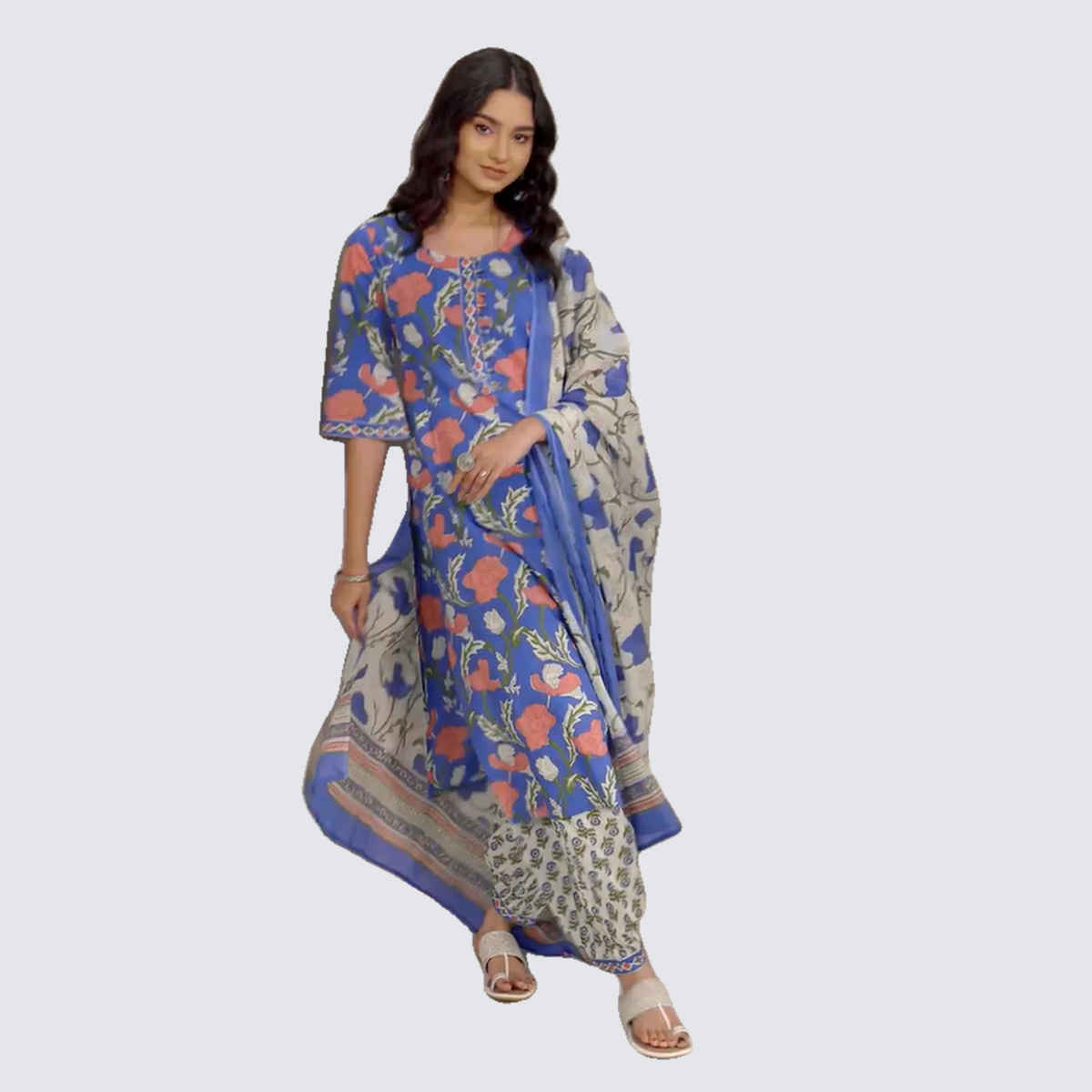 Libas Women's Printed Cotton Straight Suit Sets with Dupatta | Blue - XL