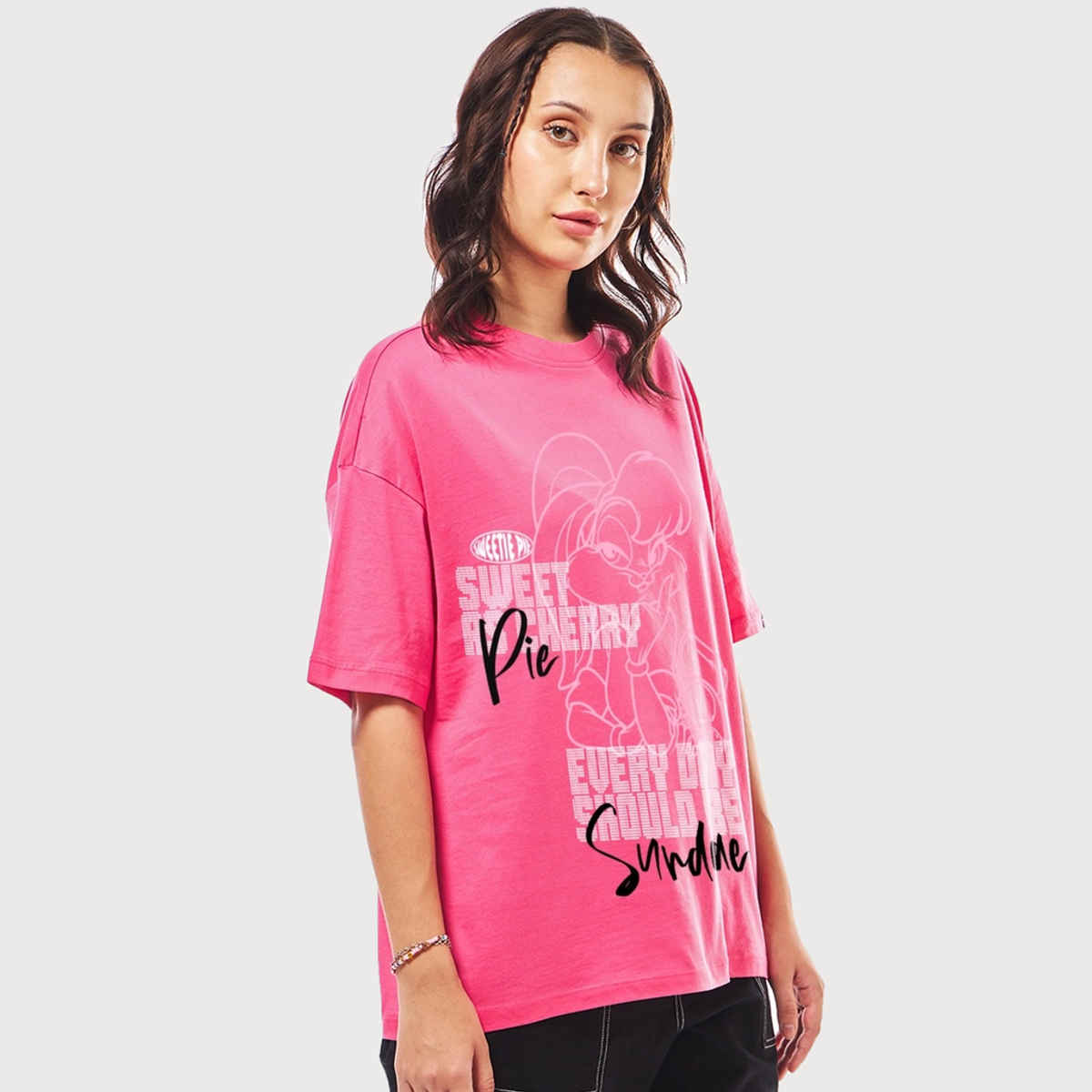 Bewakoof Women's Official Looney Tunes Sundae Graphic Printed Oversized T-shirt | Pink - L