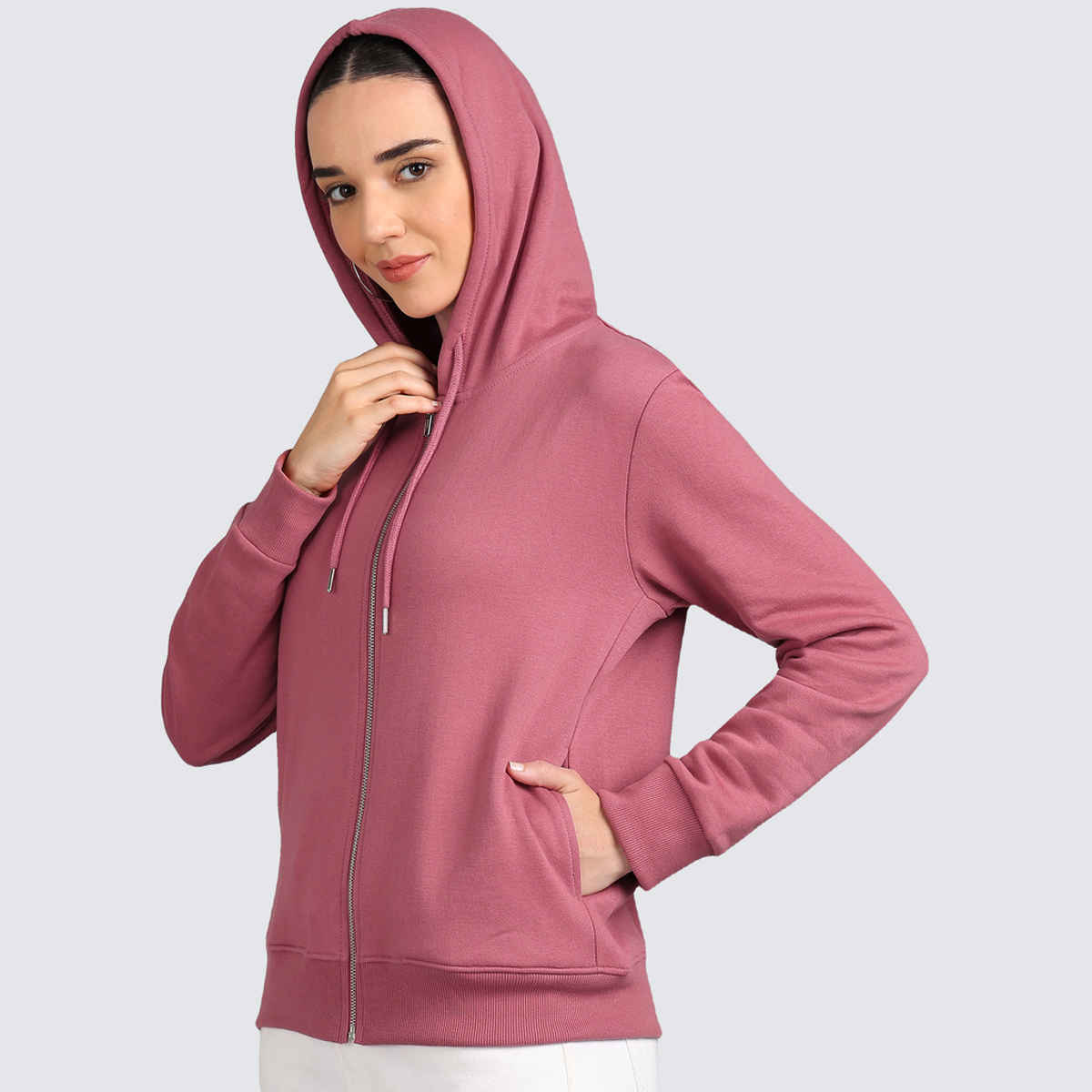 Alan Jones Clothing Women's Solid Zipper Hooded Sweatshirt | Mauve - XL