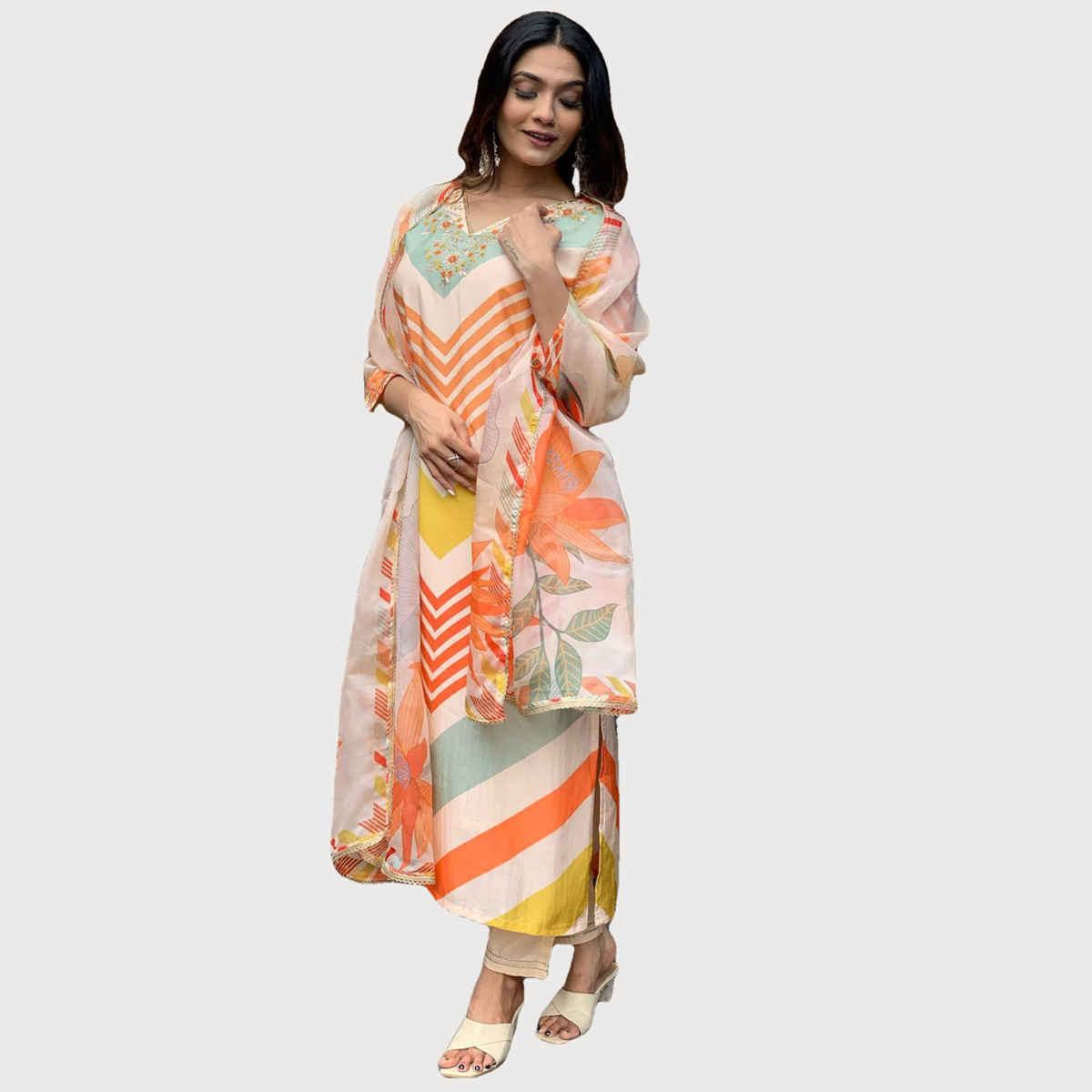 GoSriKi Women's Viscose Rayon Straight Printed Kurta with Pant & Dupatta | Cream - L