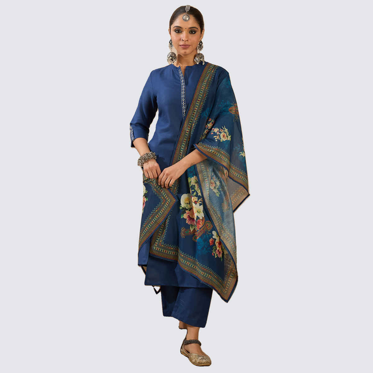 INDO ERA Women's Embroidered Straight Kurta Trouser with Dupatta Set | Blue - XL