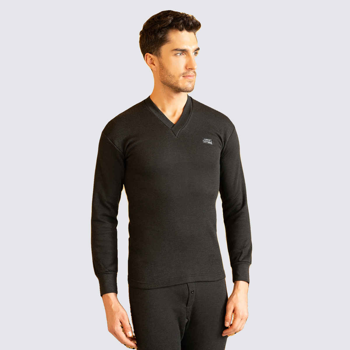 Lux Cottswool Men's Full Sleves V|Neck Thermal Top And Bottom Set | Black| 95 cm