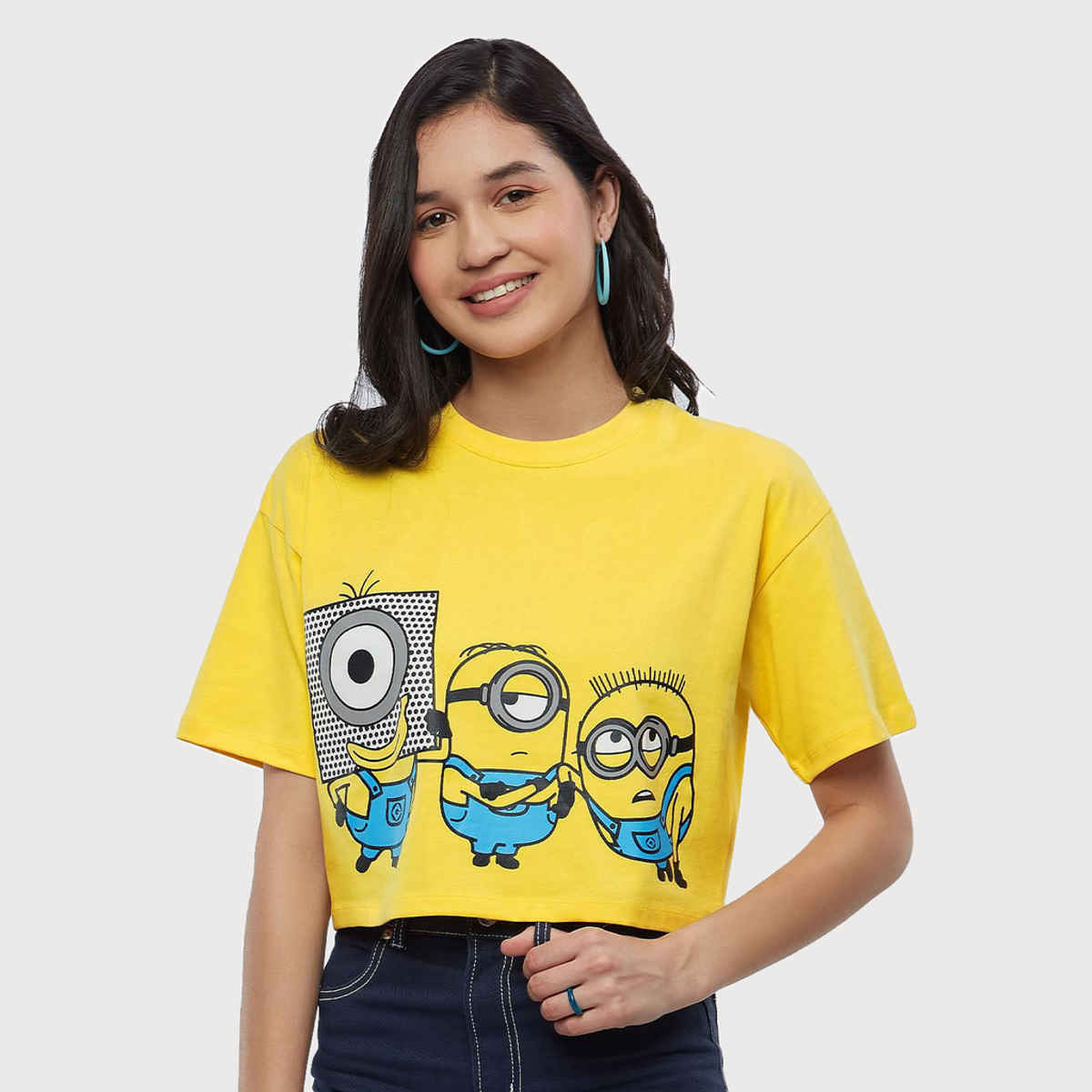The Souled Store Women's Minions Stay Weird Stay Happy Oversized Cropped T-shirt | Yellow - S