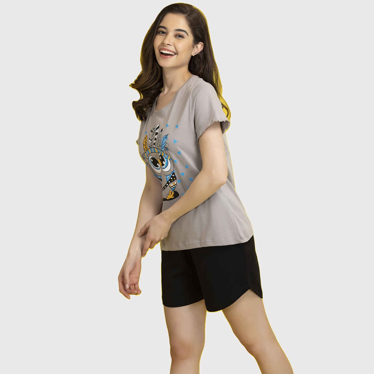 Clovia Owl Print Top & Shorts & Black - Cotton Rich(Grey - Xxl)