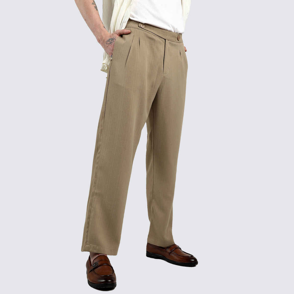 Campus Sutra Men's Tailored Linen-Blend Trousers | Brown - 30